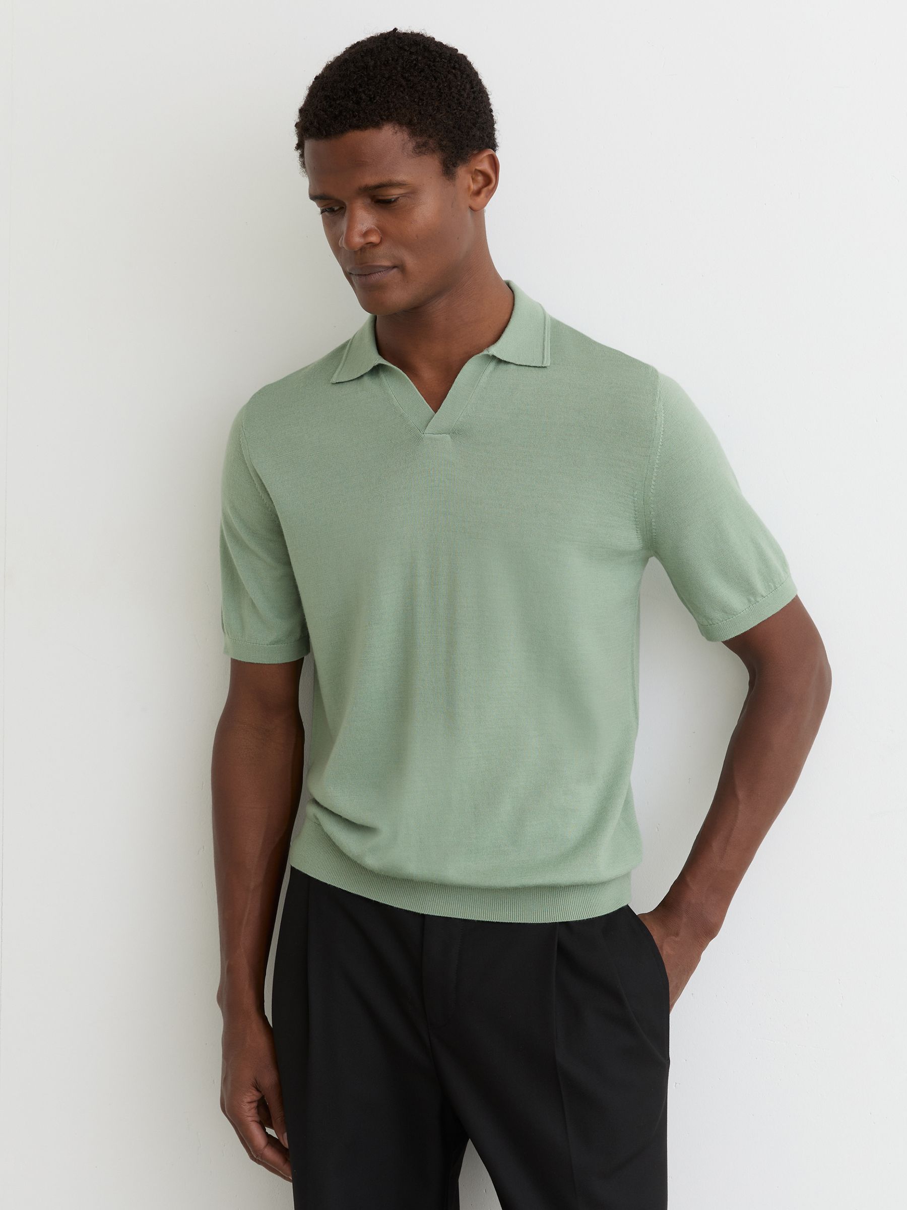 Merino Wool Open-Collar Polo Shirt in Light Sage Green - Image 3 of 6