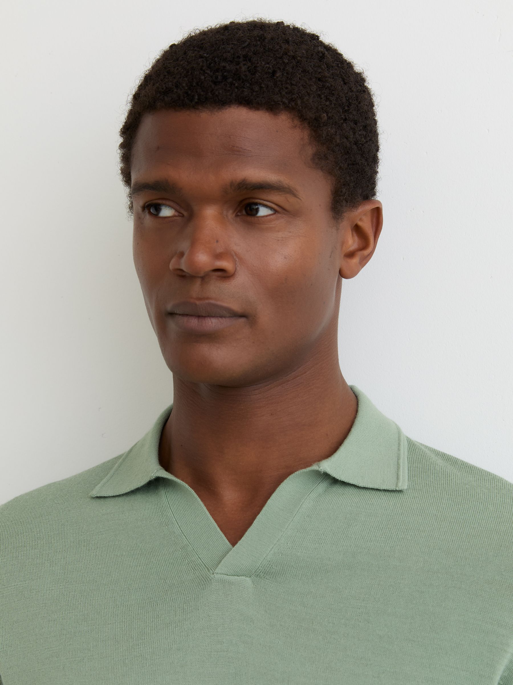Merino Wool Open-Collar Polo Shirt in Light Sage Green - Image 4 of 6