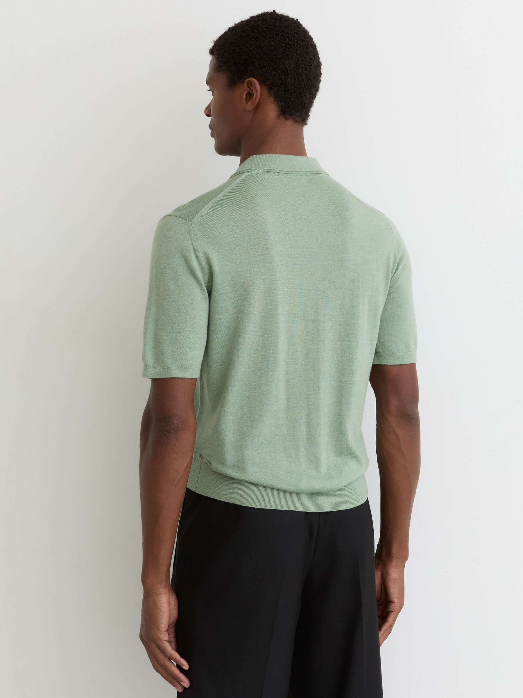 Merino Wool Open-Collar Polo Shirt in Light Sage Green - Image 5 of 6