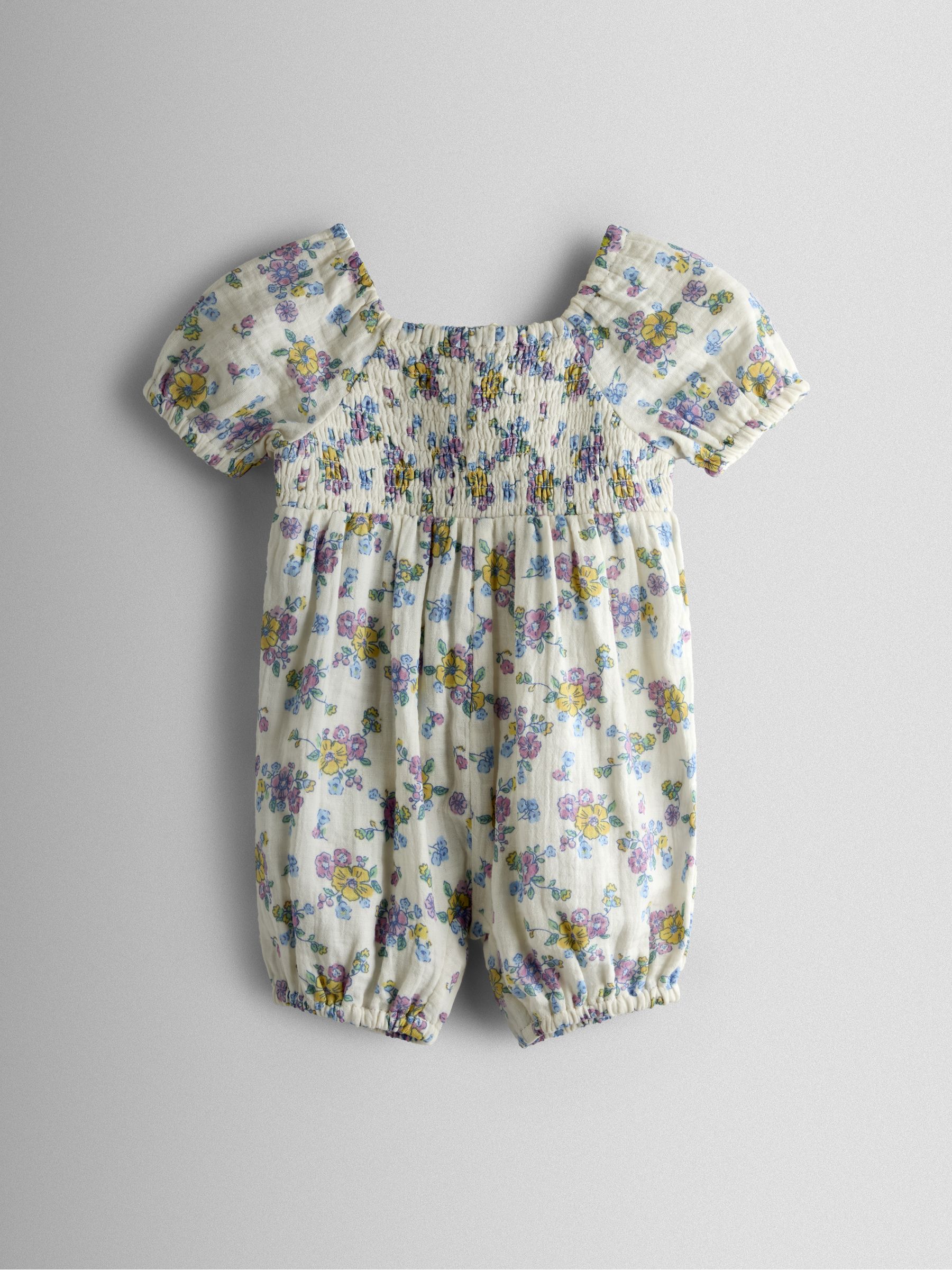 Cream Floral Cheesecloth Smocked Bodice Baby Jumpsuit - Image 1 of 3