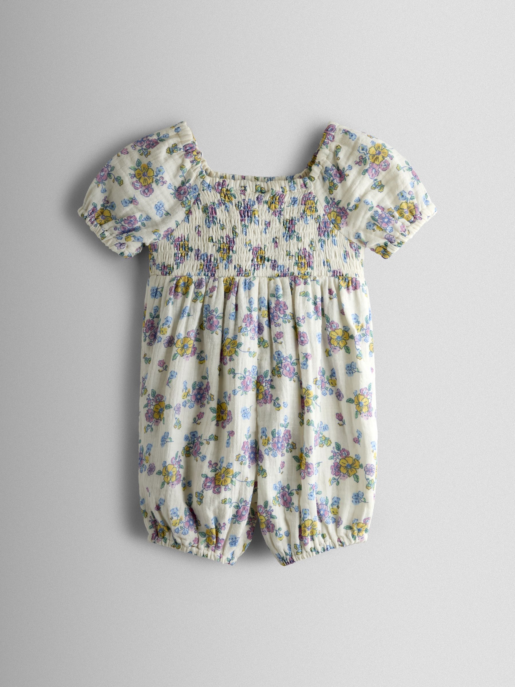 Cream Floral Cheesecloth Smocked Bodice Baby Jumpsuit - Image 2 of 3