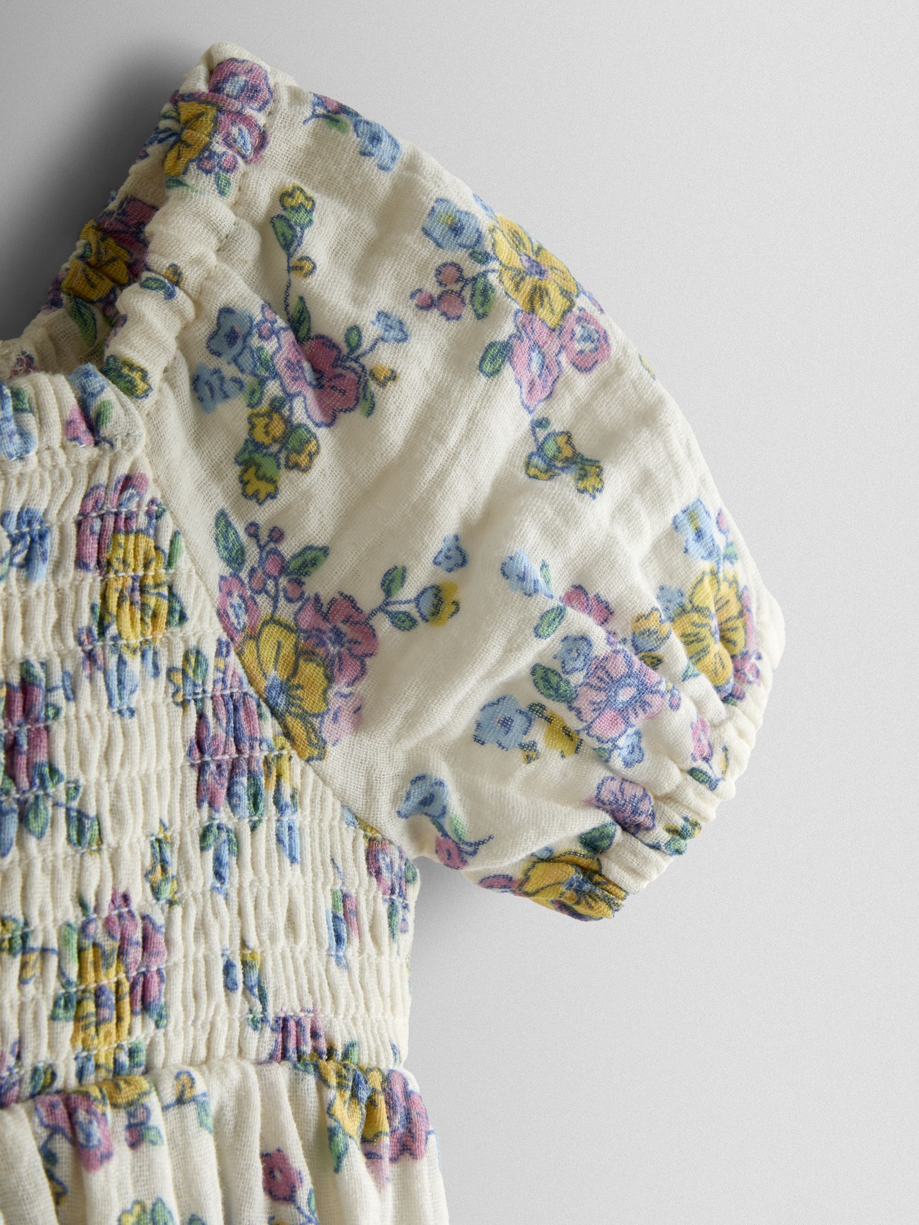 Cream Floral Cheesecloth Smocked Bodice Baby Jumpsuit - Image 3 of 3