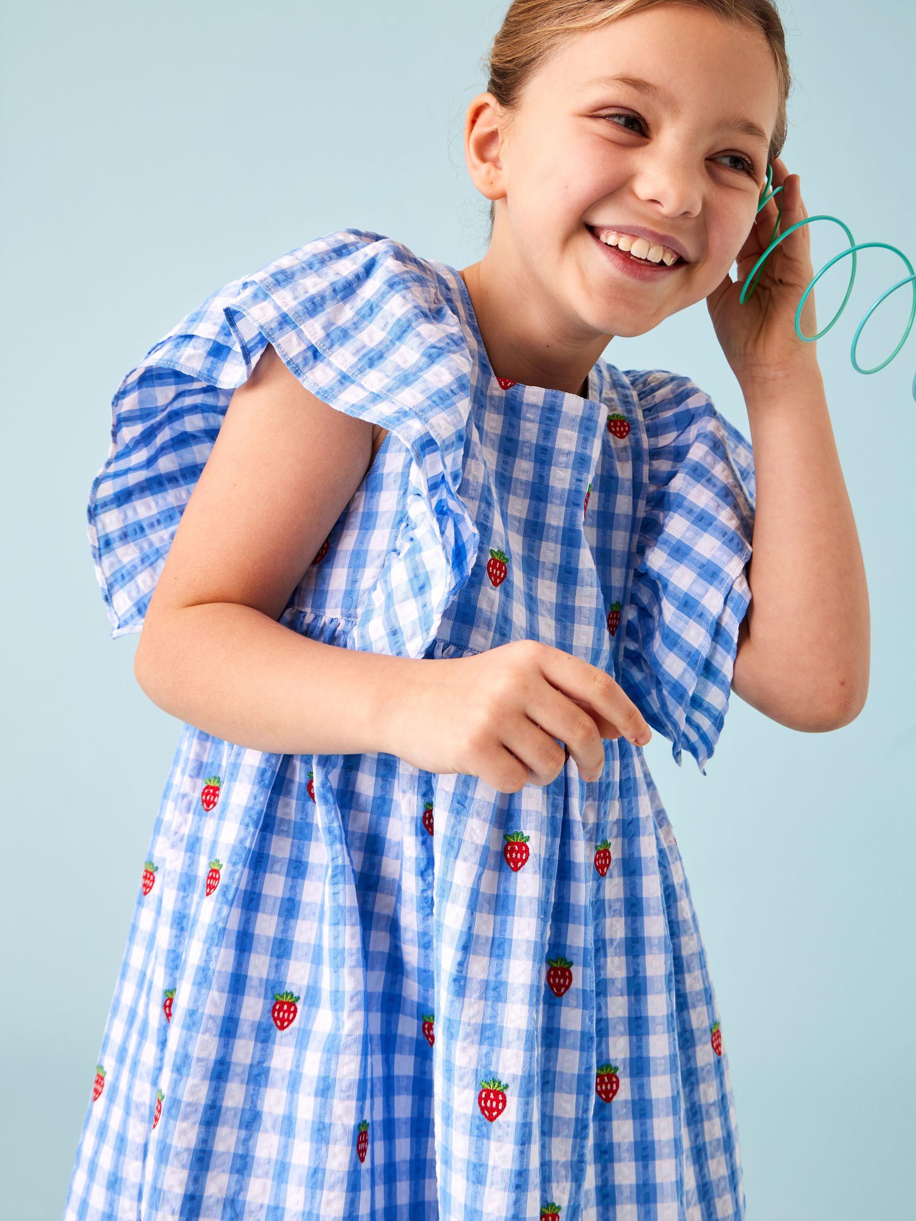 Blue Gingham Strawberry Frill Square Neck Gingham Dress | JoJo Maman Bb USA Blue Gingham Strawberry Frill Square Neck Gingham Dress | JoJo Maman Bb USA