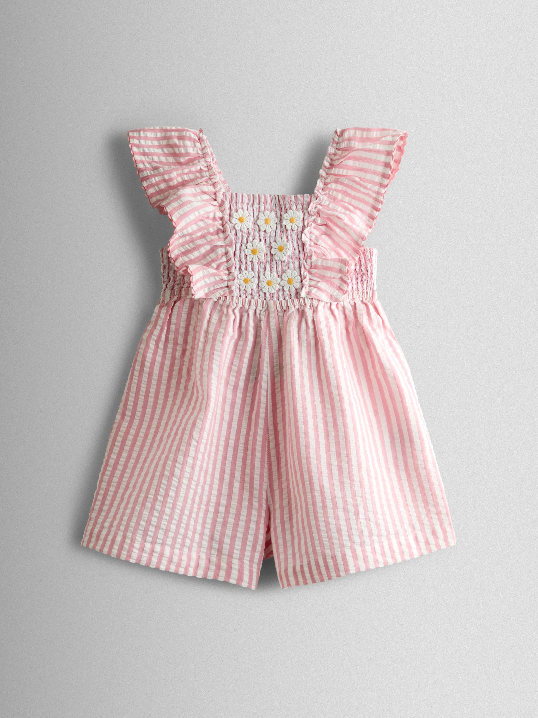 Dusky Pink Stripe Daisy Smocked Frill Shoulder Playsuit - Image 1 of 4