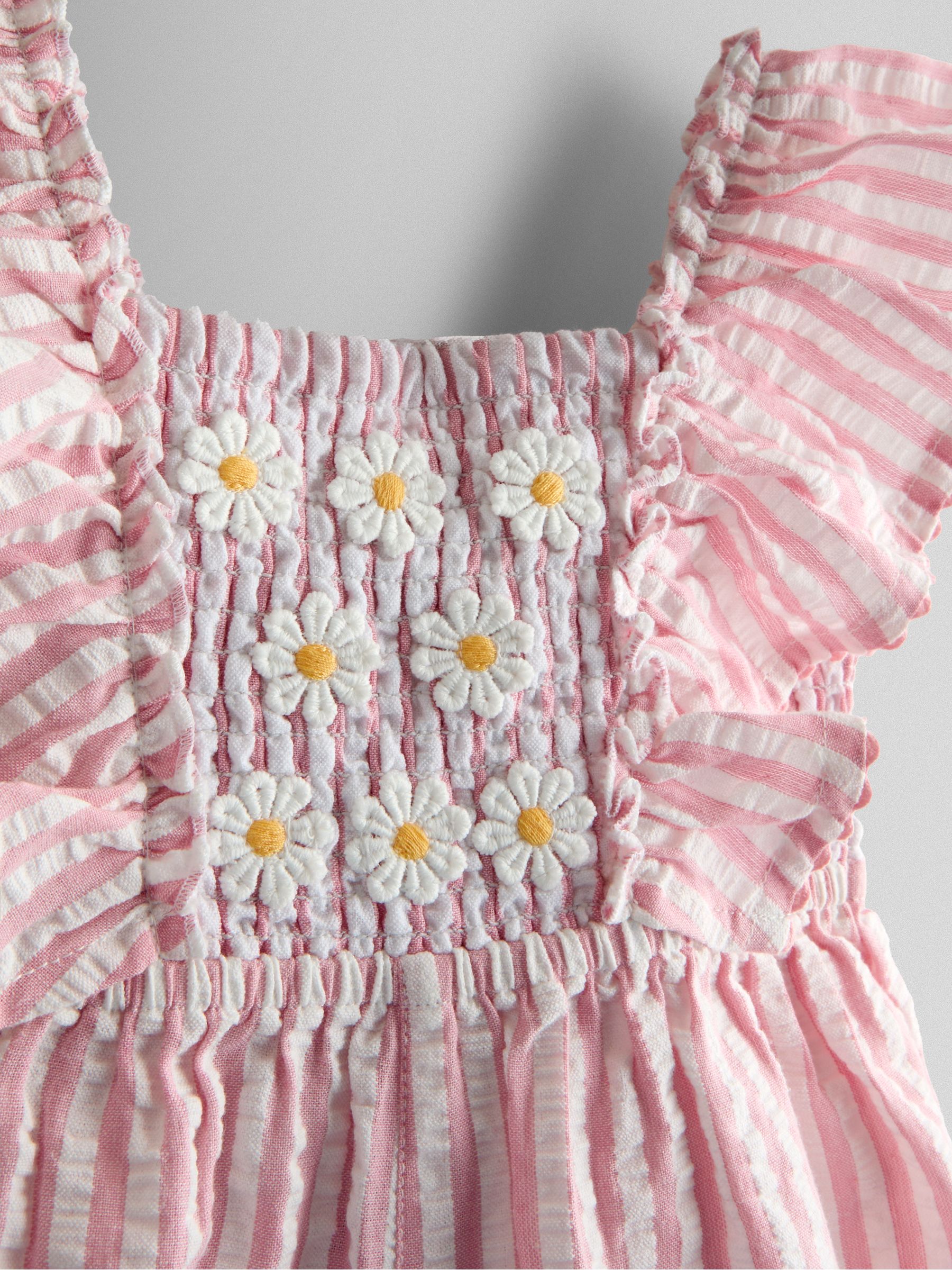Dusky Pink Stripe Daisy Smocked Frill Shoulder Playsuit - Image 3 of 4