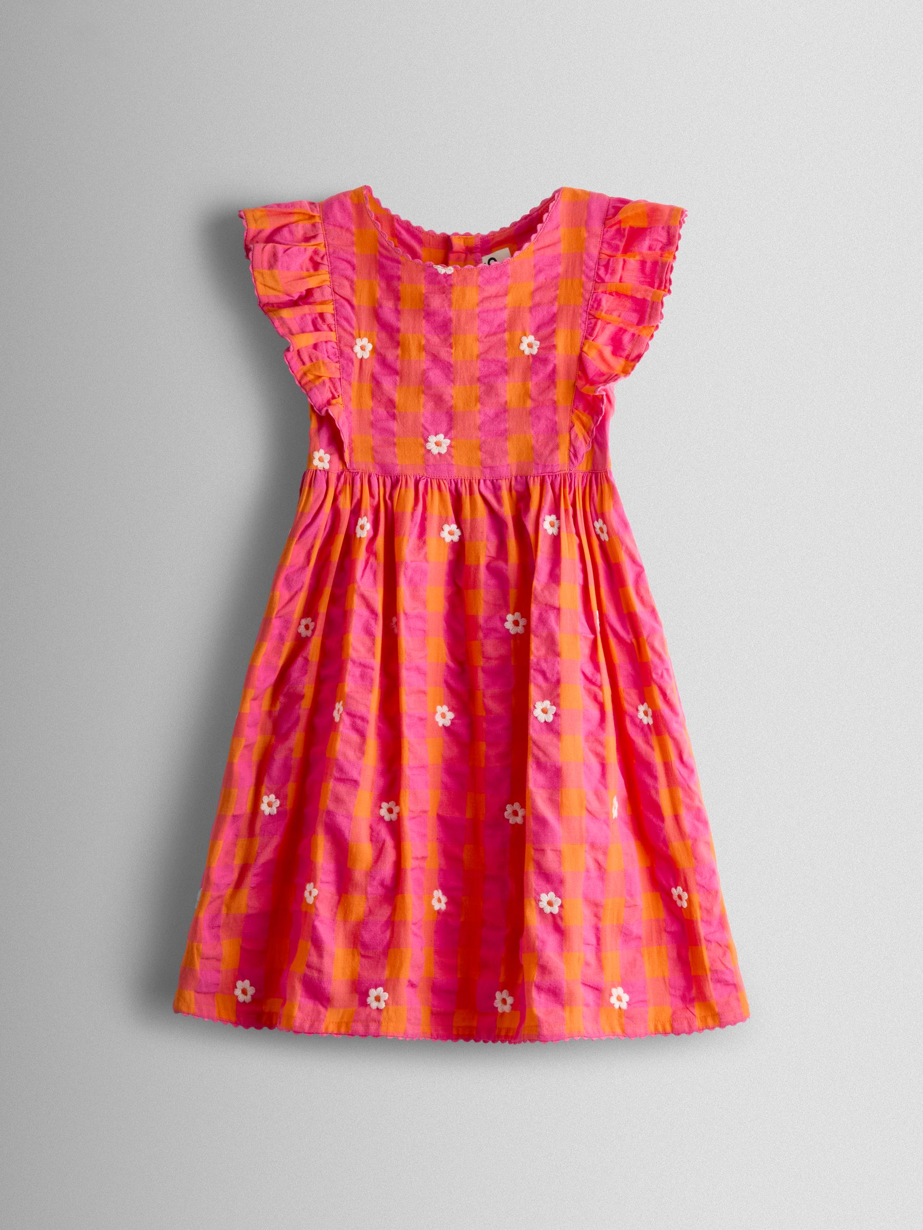 Bright Pink Daisy Frill Shoulder Embroidered Dress - Image 1 of 4 Bright Pink Daisy Frill Shoulder Embroidered Dress - Image 1 of 4