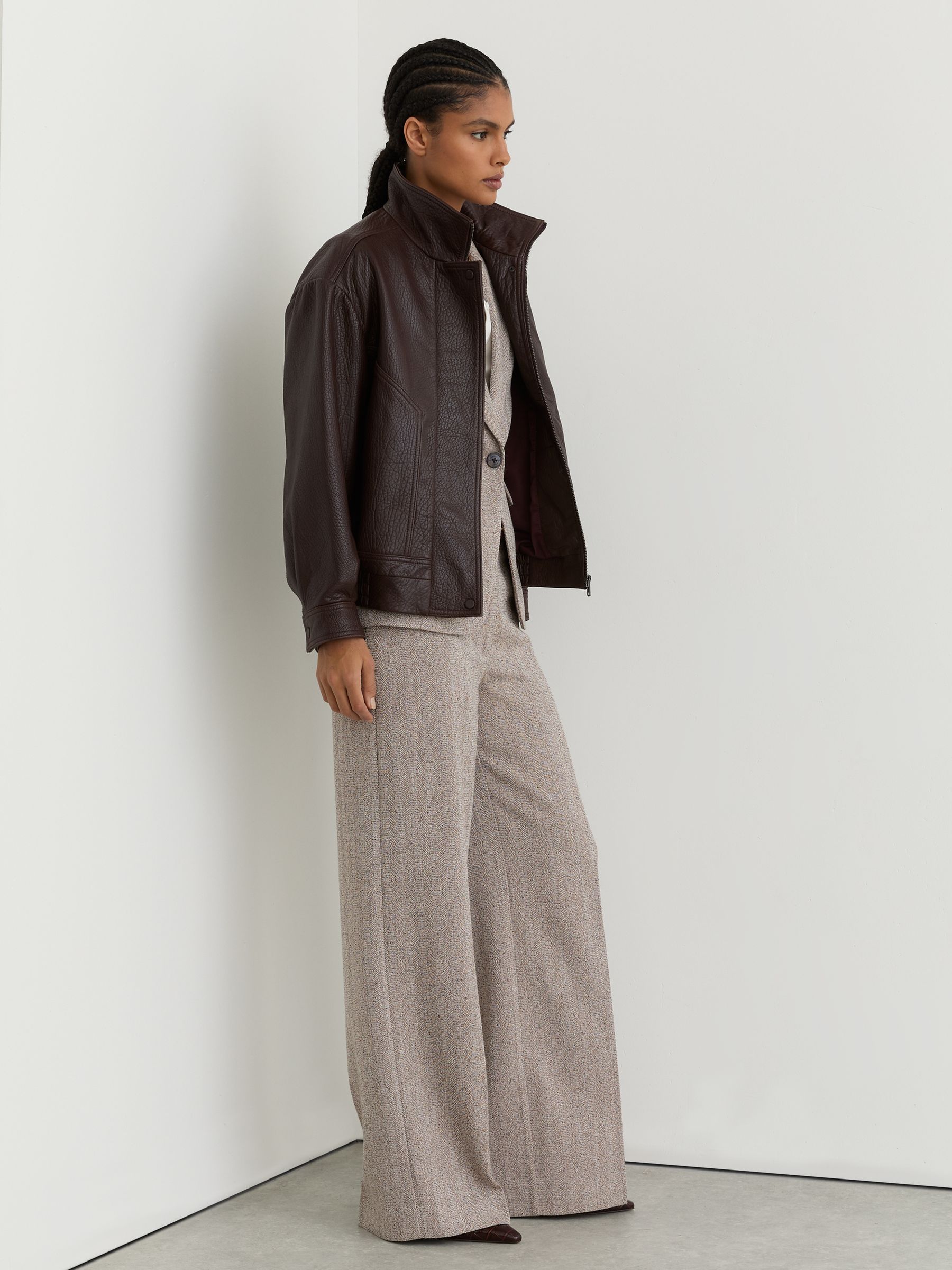 Petite Wide-Leg Textured Tailored Trousers in Grey - Image 1 of 7