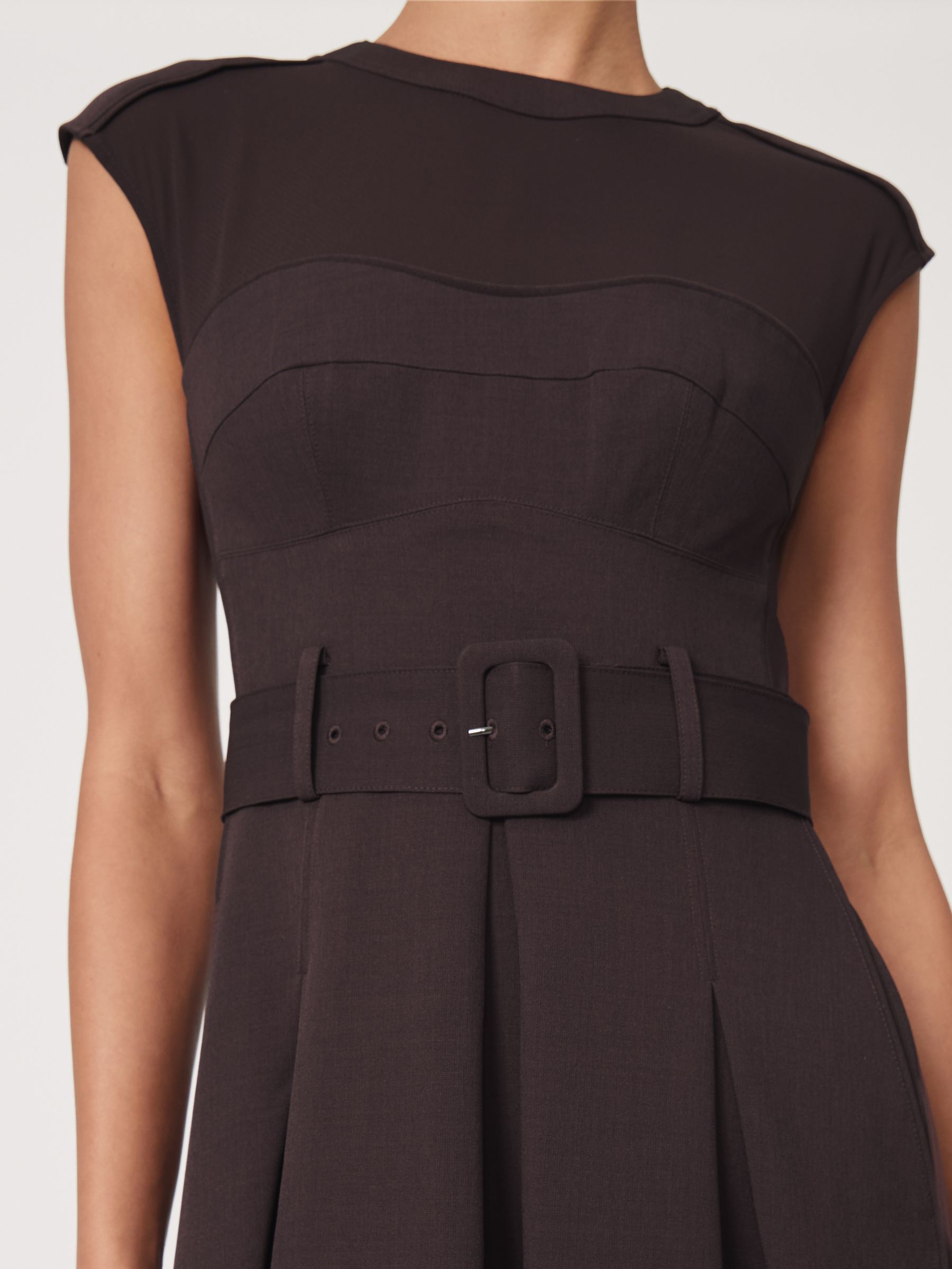 Mesh-Panel Belted Pleated Midi Dress in Burgundy - Image 3 of 6