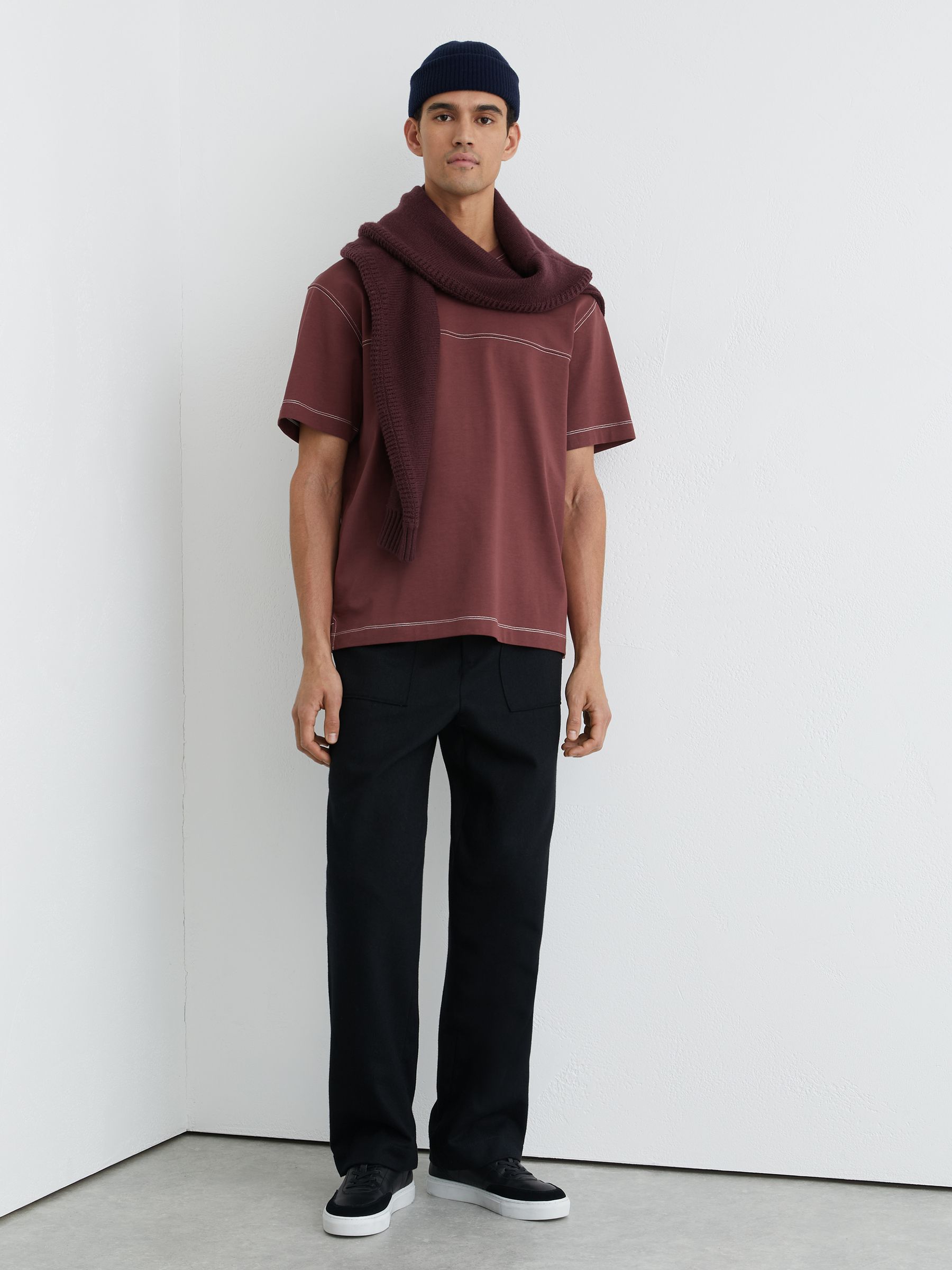 Cotton Contrast-Stitch Oversize T-Shirt in Raspberry Pink - Image 1 of 6