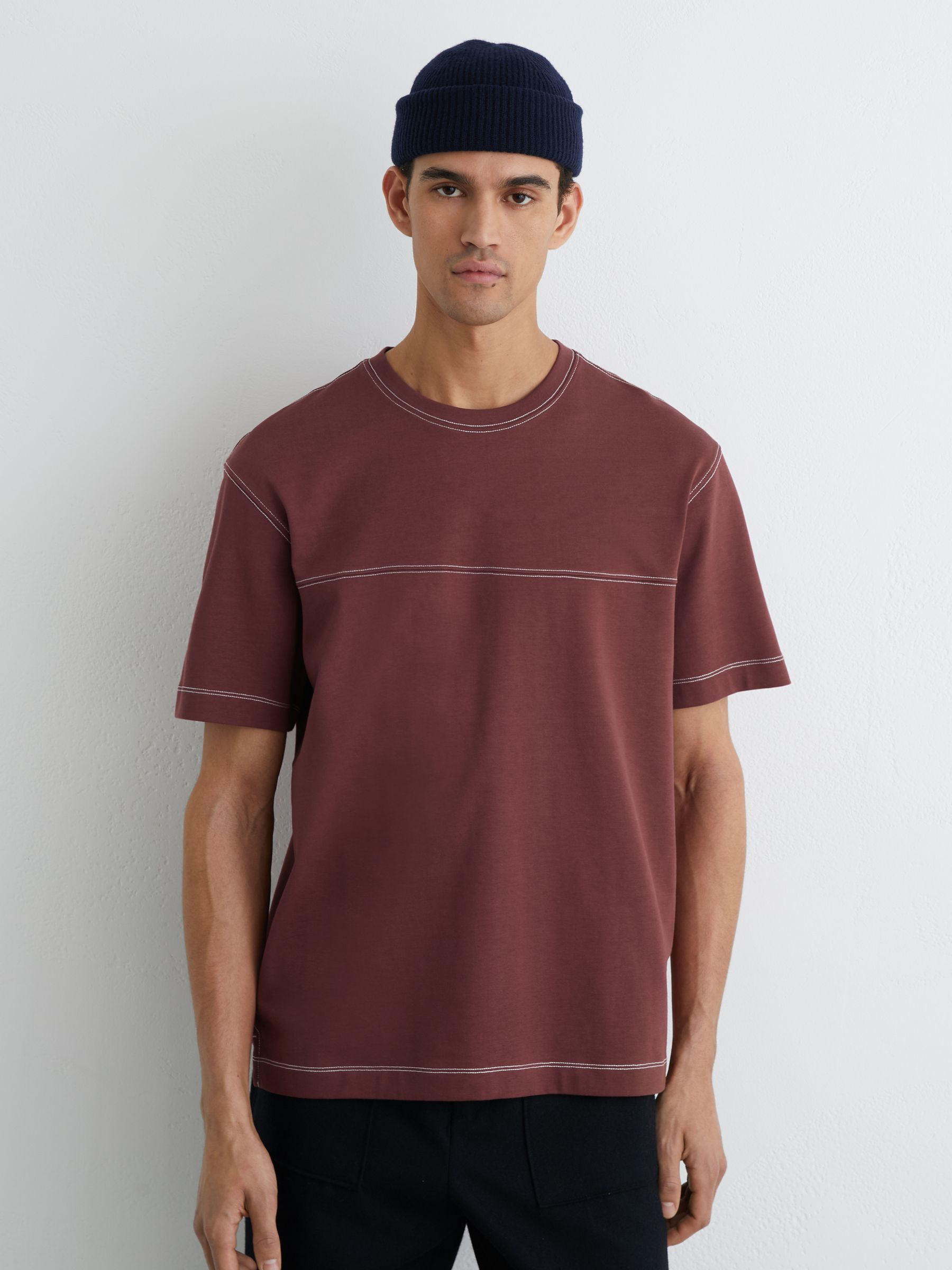 Cotton Contrast-Stitch Oversize T-Shirt in Raspberry Pink - Image 3 of 6