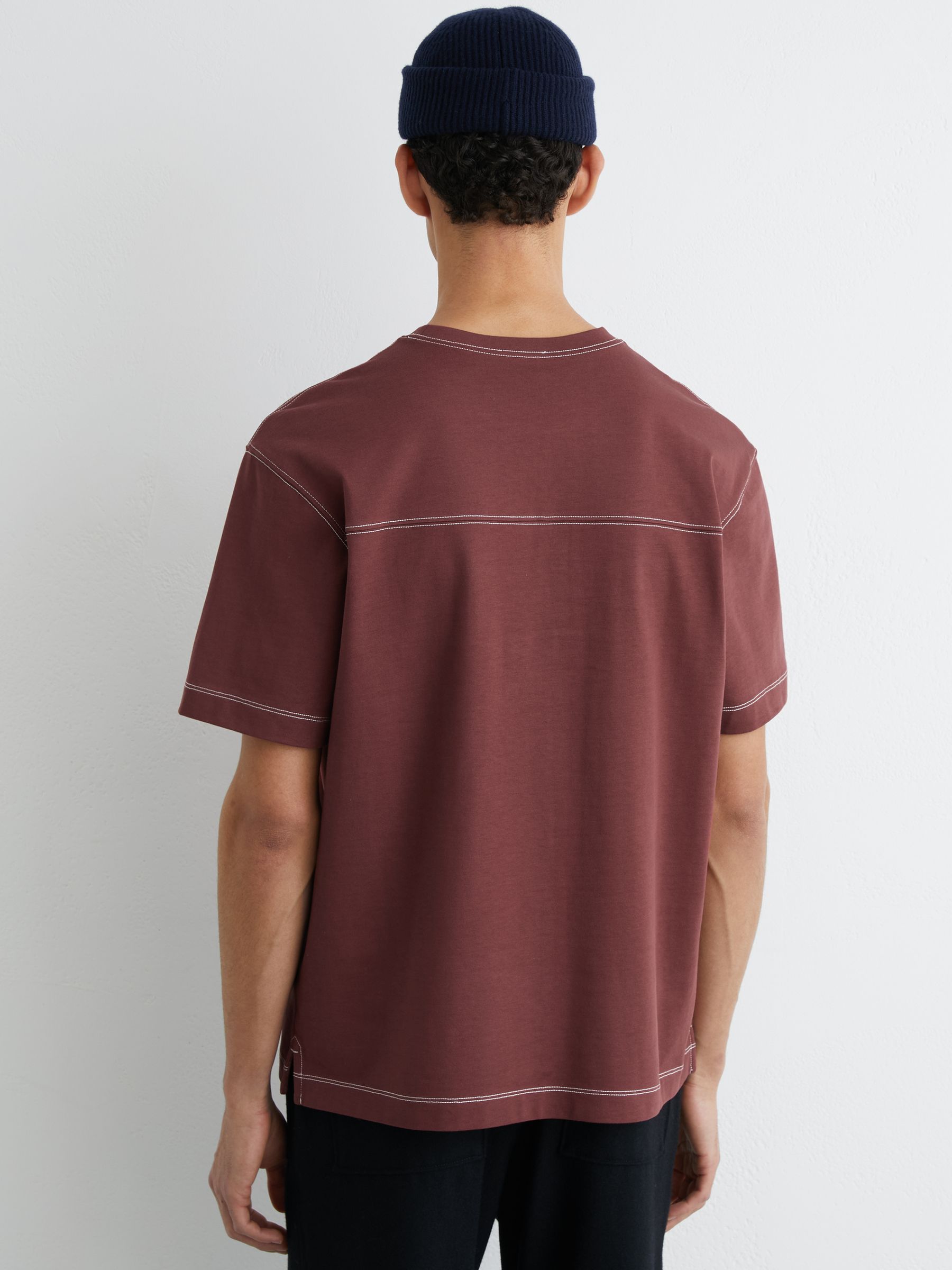 Cotton Contrast-Stitch Oversize T-Shirt in Raspberry Pink - Image 5 of 6