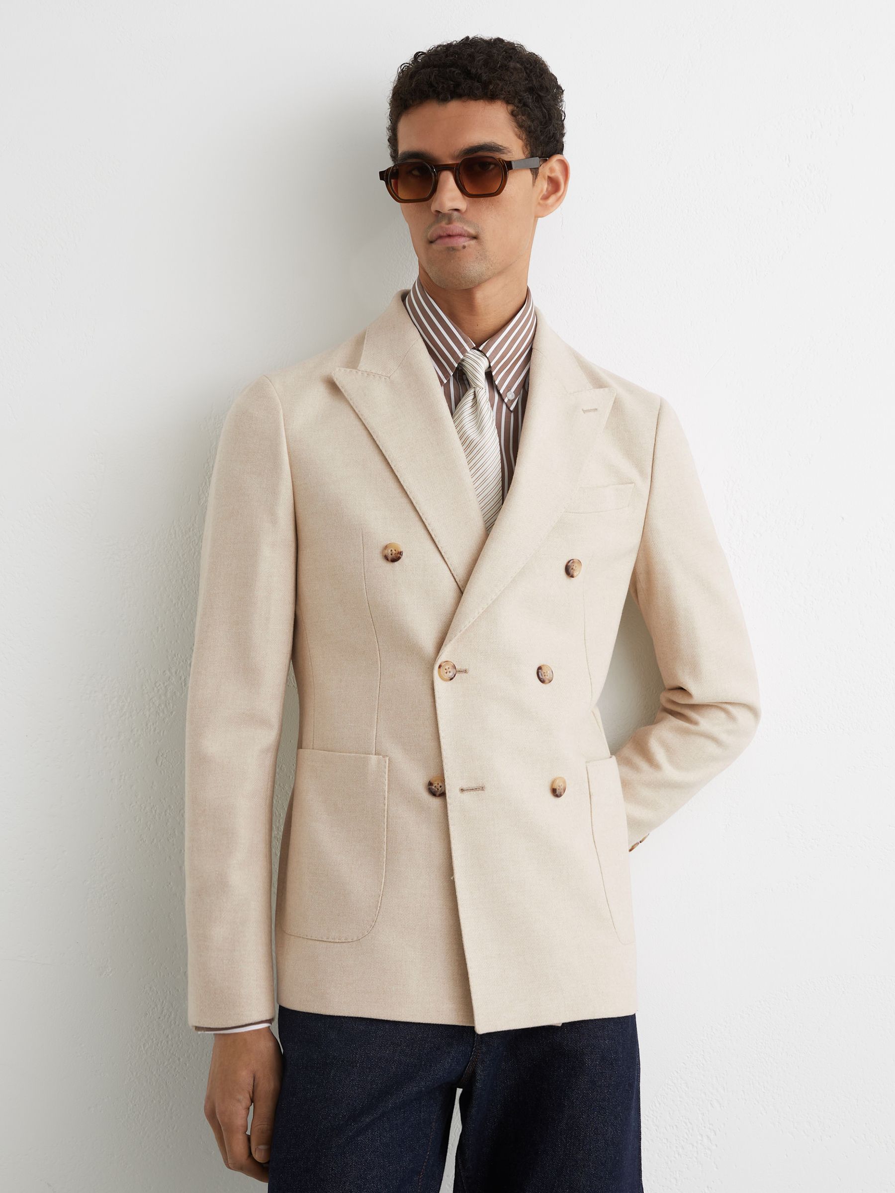 Flannel Double-Breasted Blazer Tailored-Fit in Oatmeal Brown - image 4