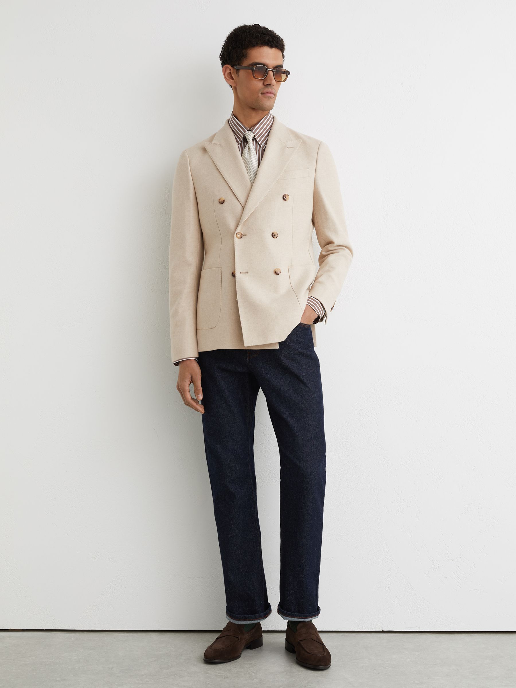 Flannel Double-Breasted Blazer Tailored-Fit with Wool in Oatmeal Brown - Image 3 of 9