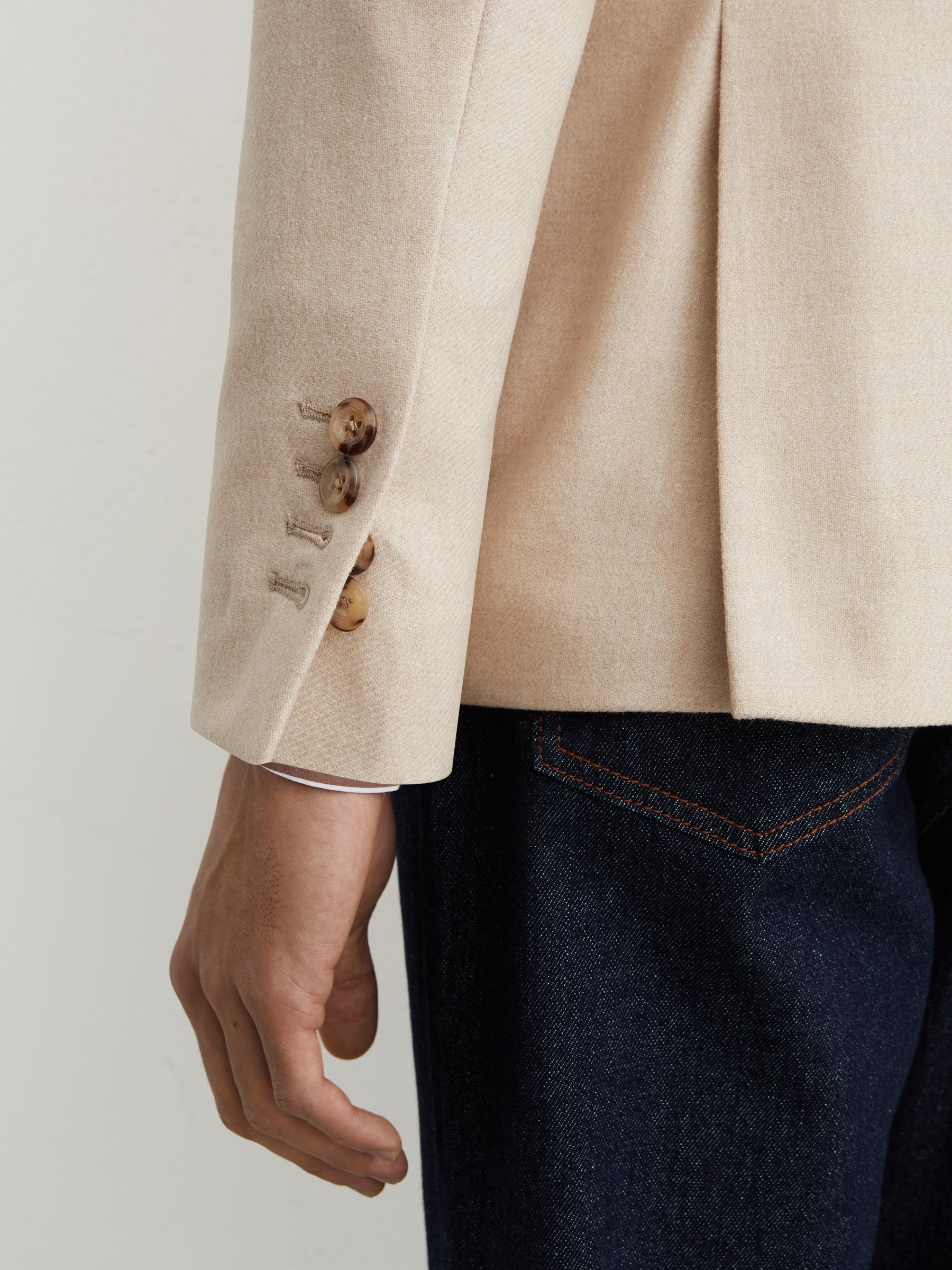 Flannel Double-Breasted Blazer Tailored-Fit with Wool in Oatmeal Brown - Image 6 of 9