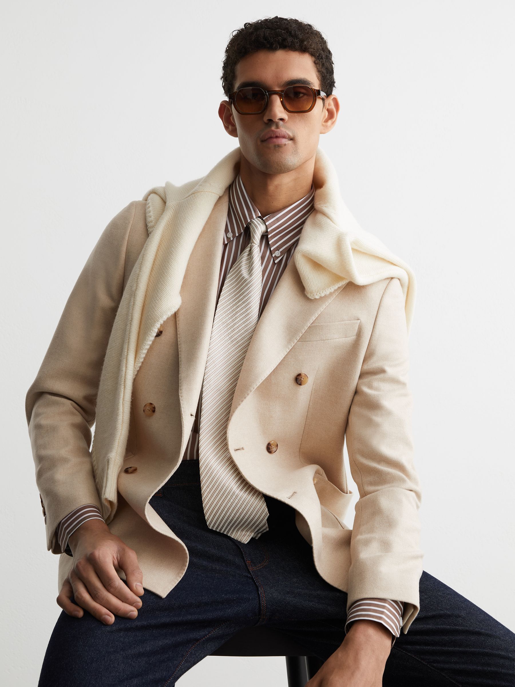 Flannel Double-Breasted Blazer Tailored-Fit in Oatmeal Brown - image 5