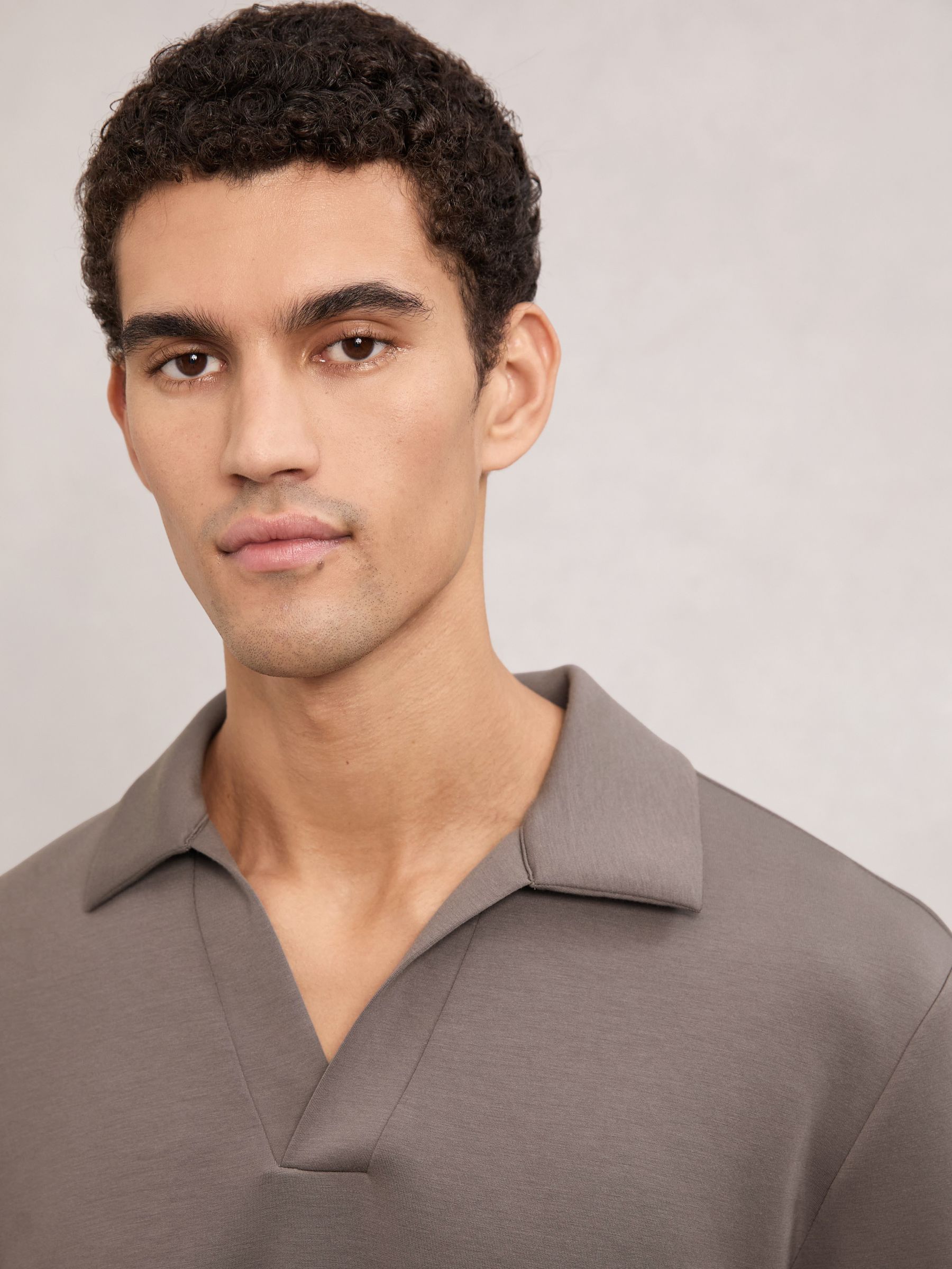 Premium Interlock Open-Collar Polo Sweatshirt in Light Brown - Image 3 of 5