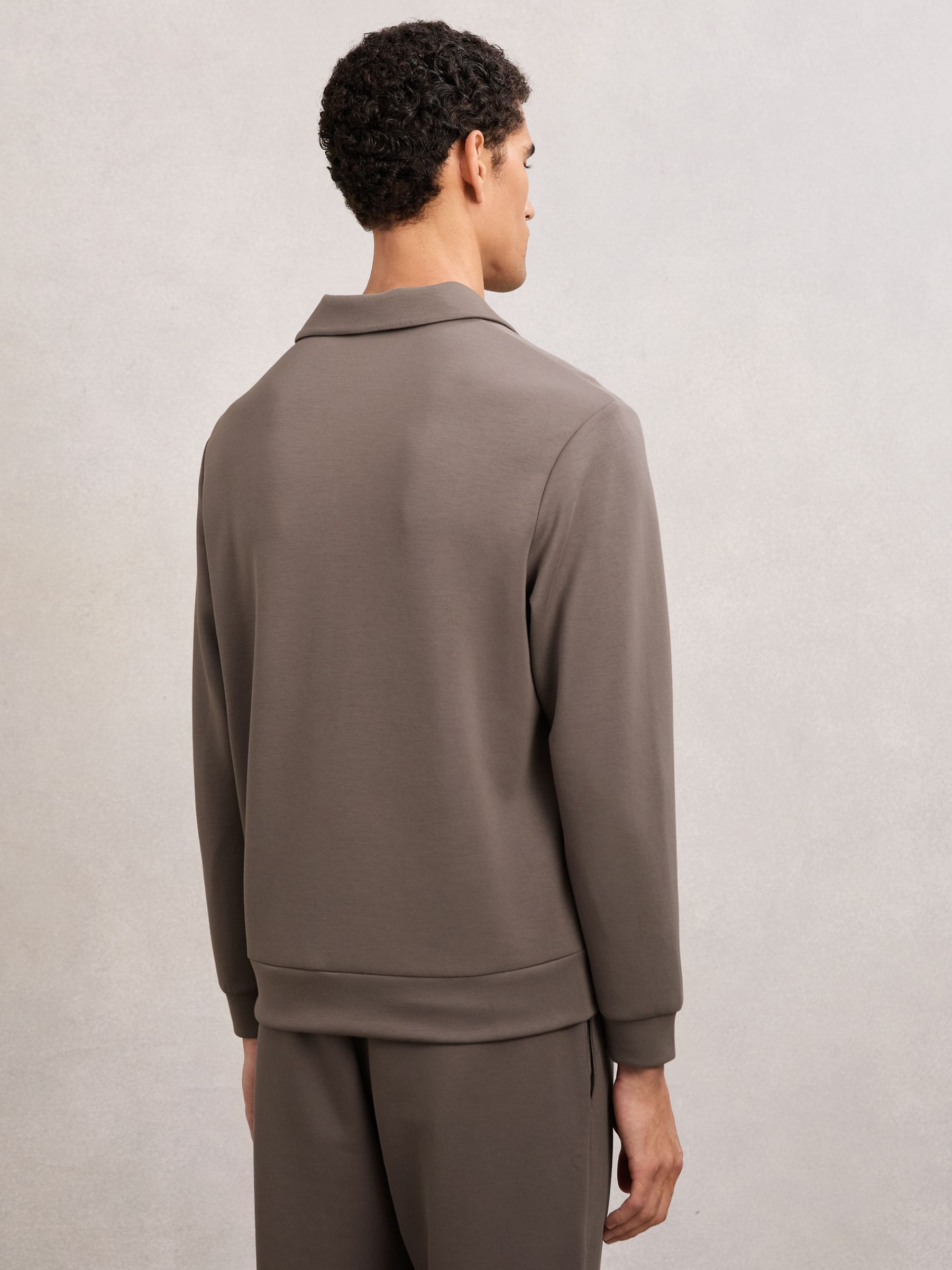 Premium Interlock Open-Collar Polo Sweatshirt in Light Brown - Image 4 of 5