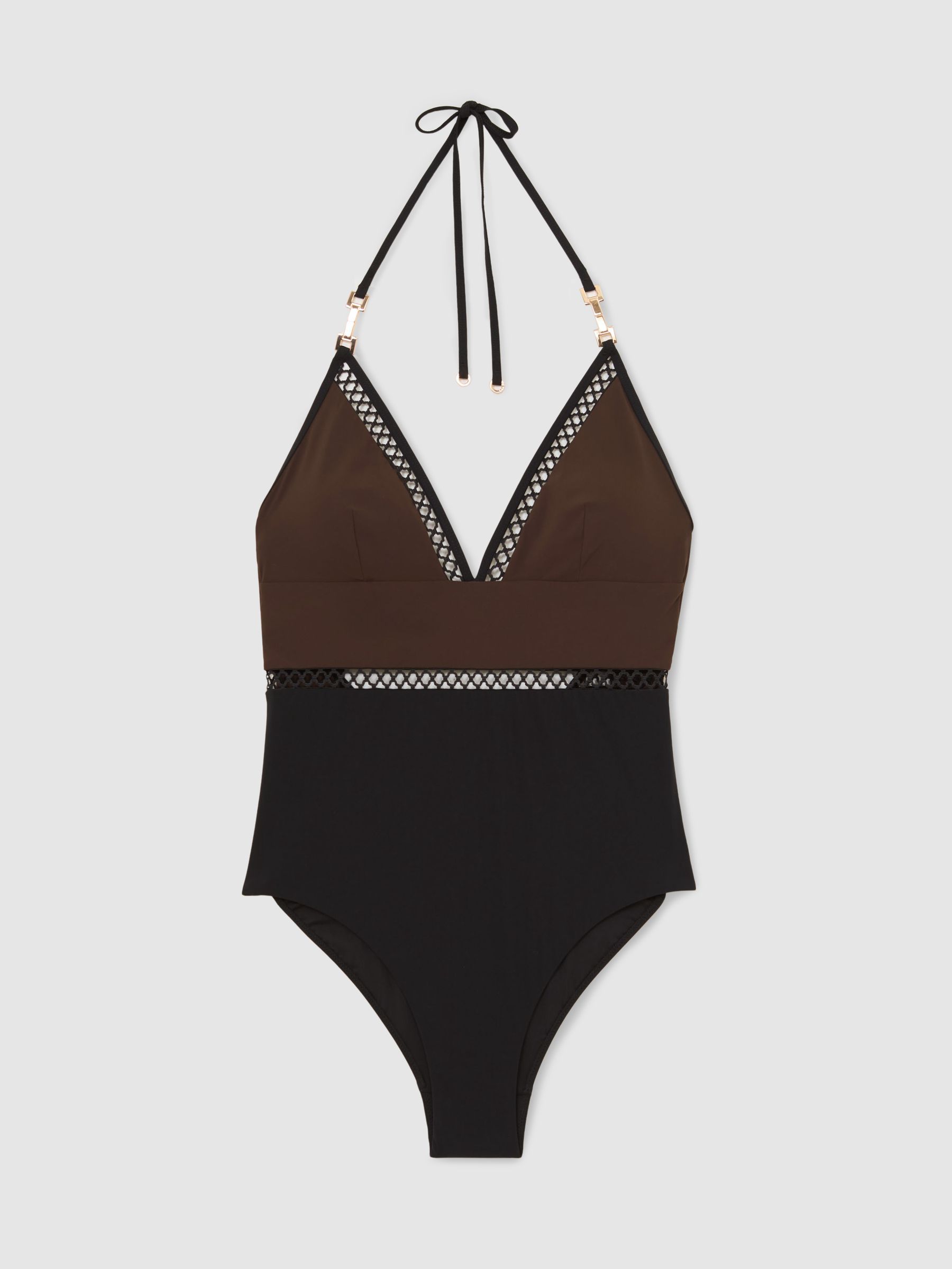 Colour-Block Lattice-Trim Swimsuit in Chocolate Brown/Black - image 1