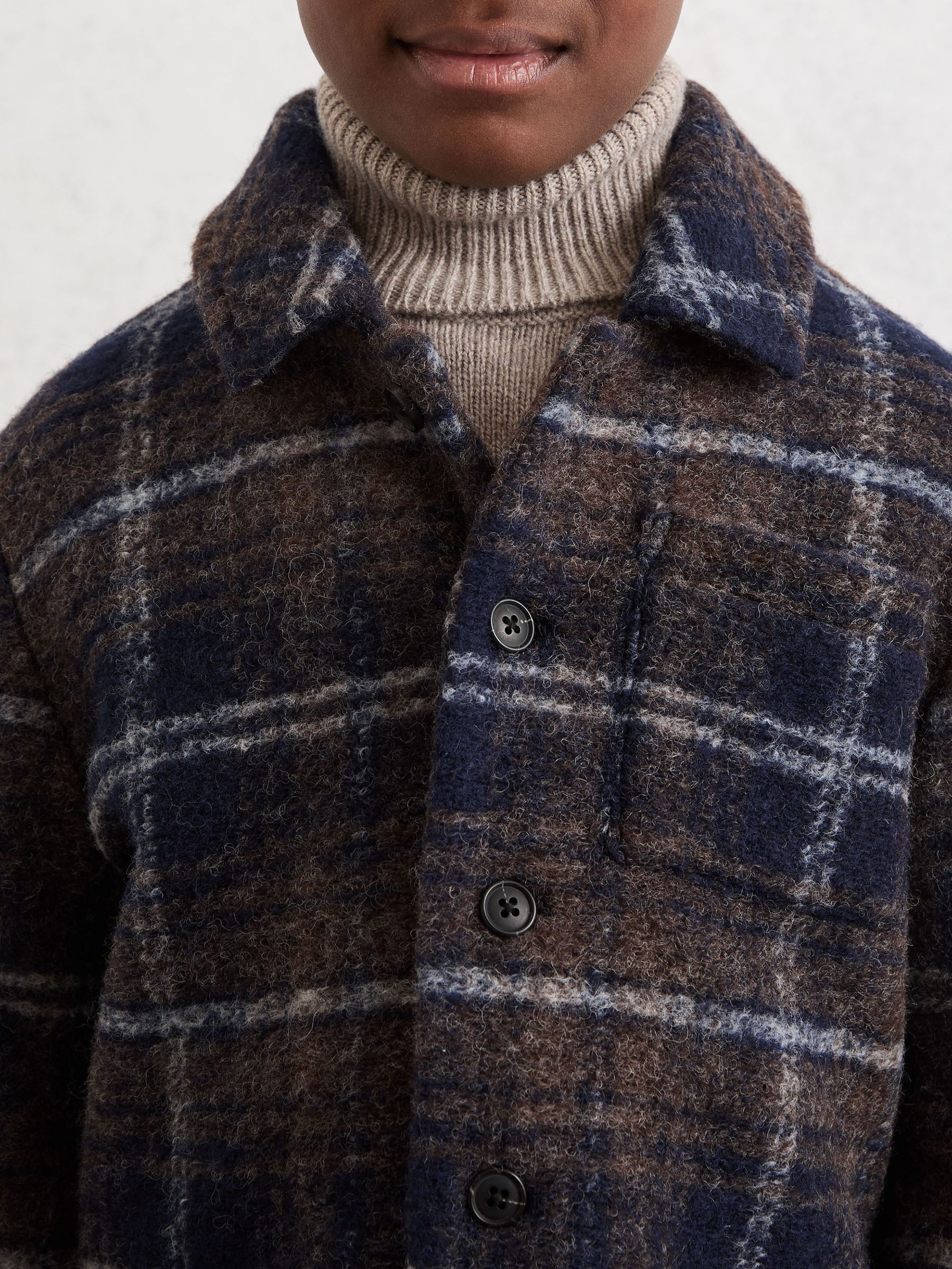 13-14 yrs Button-Through Check Overshirt with Wool in Navy/Blue/Brown - Image 4 of 5