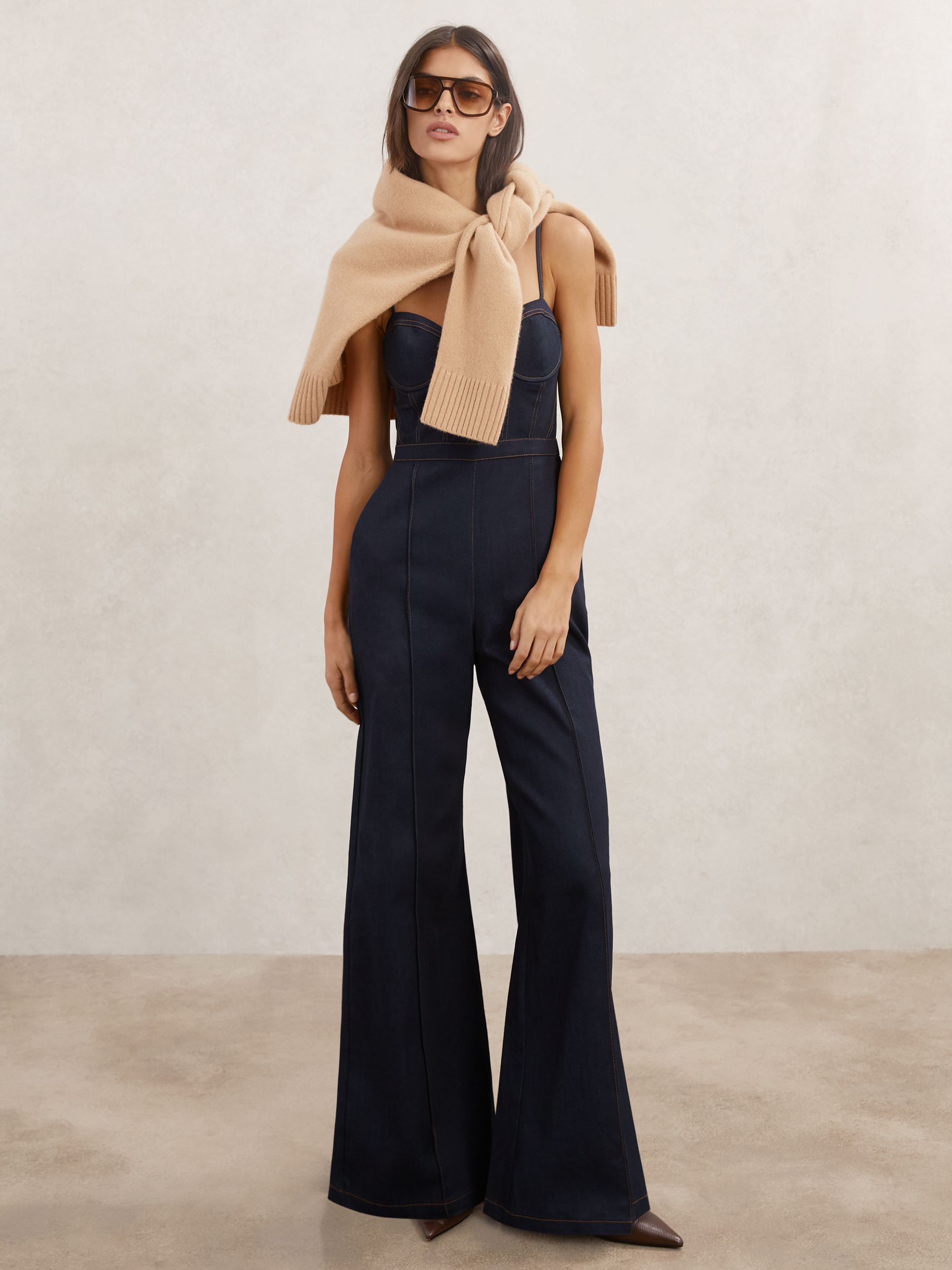 Wide-Leg Bustier Denim Jumpsuit in Indigo Blue - Image 3 of 6