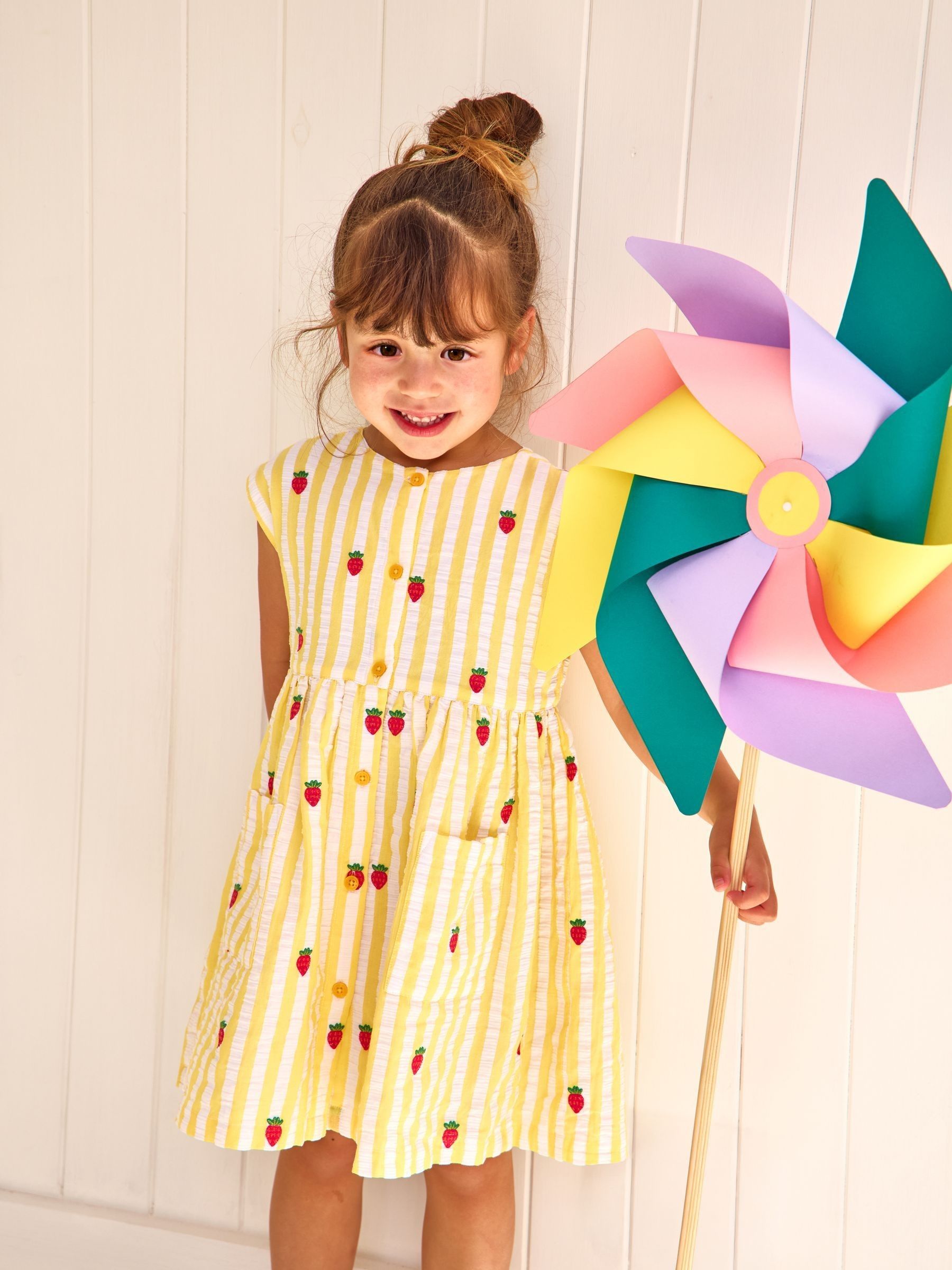 Yellow Stripe Strawberry Sleeveless Embroidered Button Through Dress - Image 1 of 5
