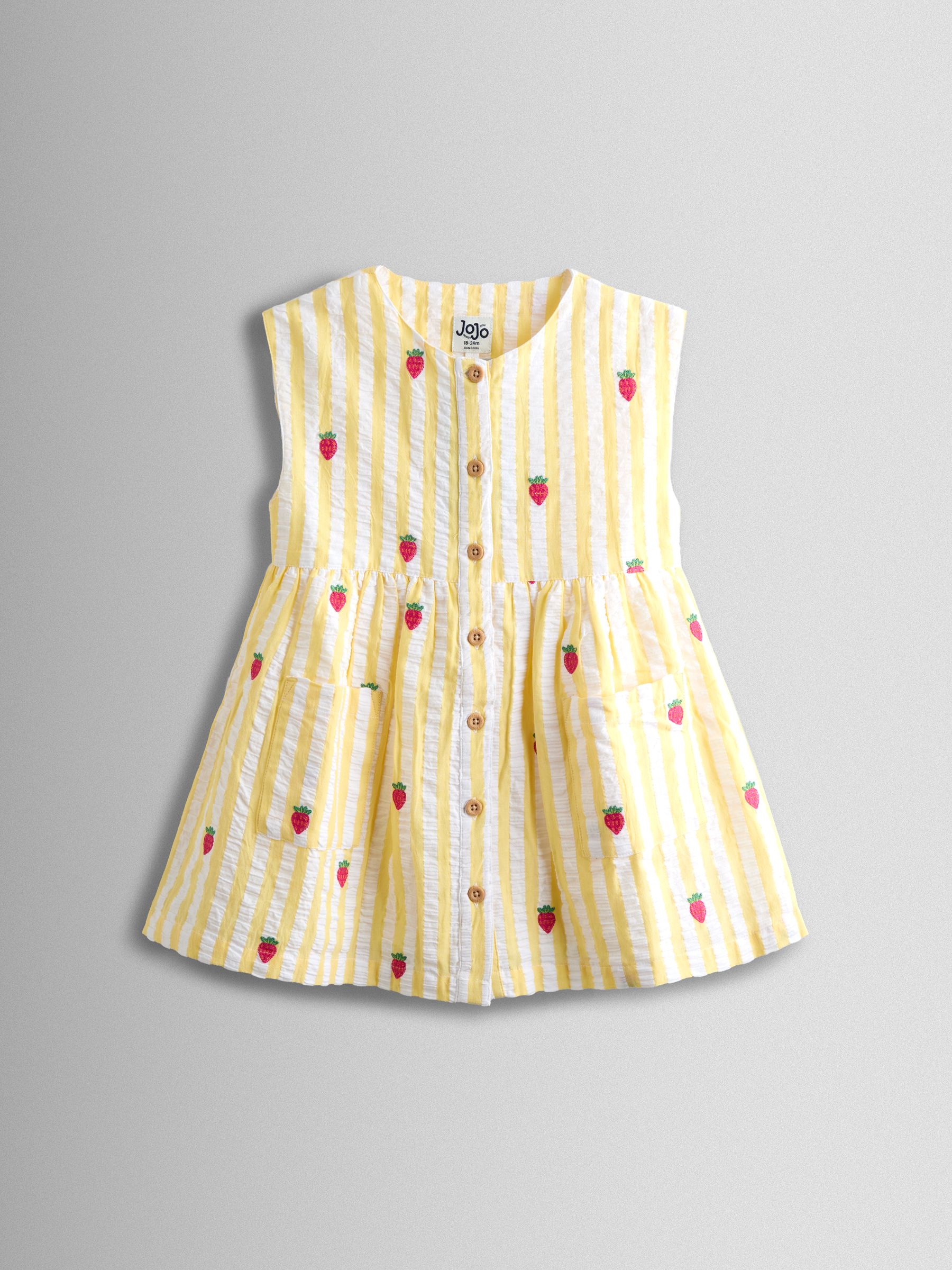 Yellow Stripe Strawberry Sleeveless Embroidered Button Through Dress - Image 2 of 5