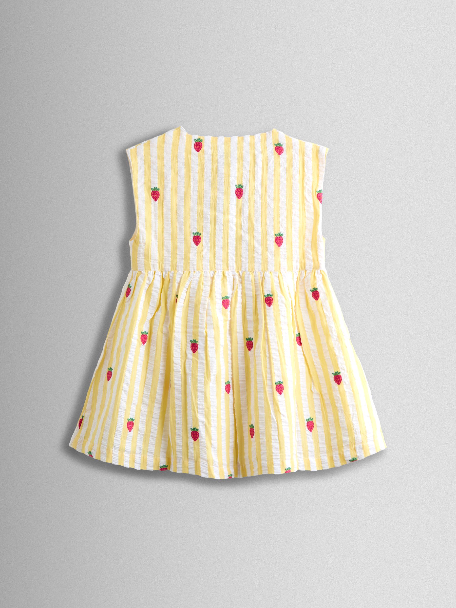 Yellow Stripe Strawberry Sleeveless Embroidered Button Through Dress - Image 3 of 5