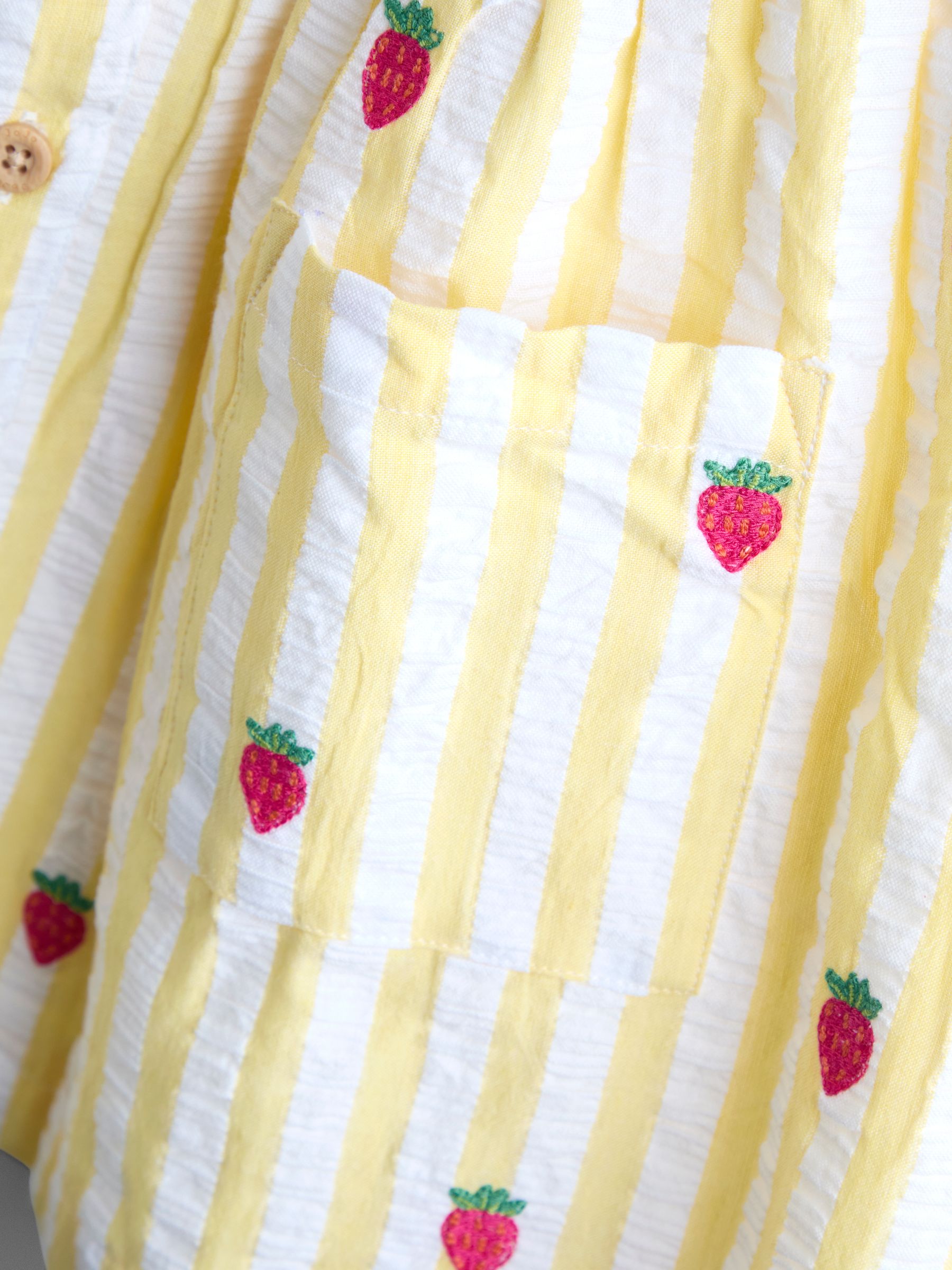 Yellow Stripe Strawberry Sleeveless Embroidered Button Through Dress - Image 4 of 5