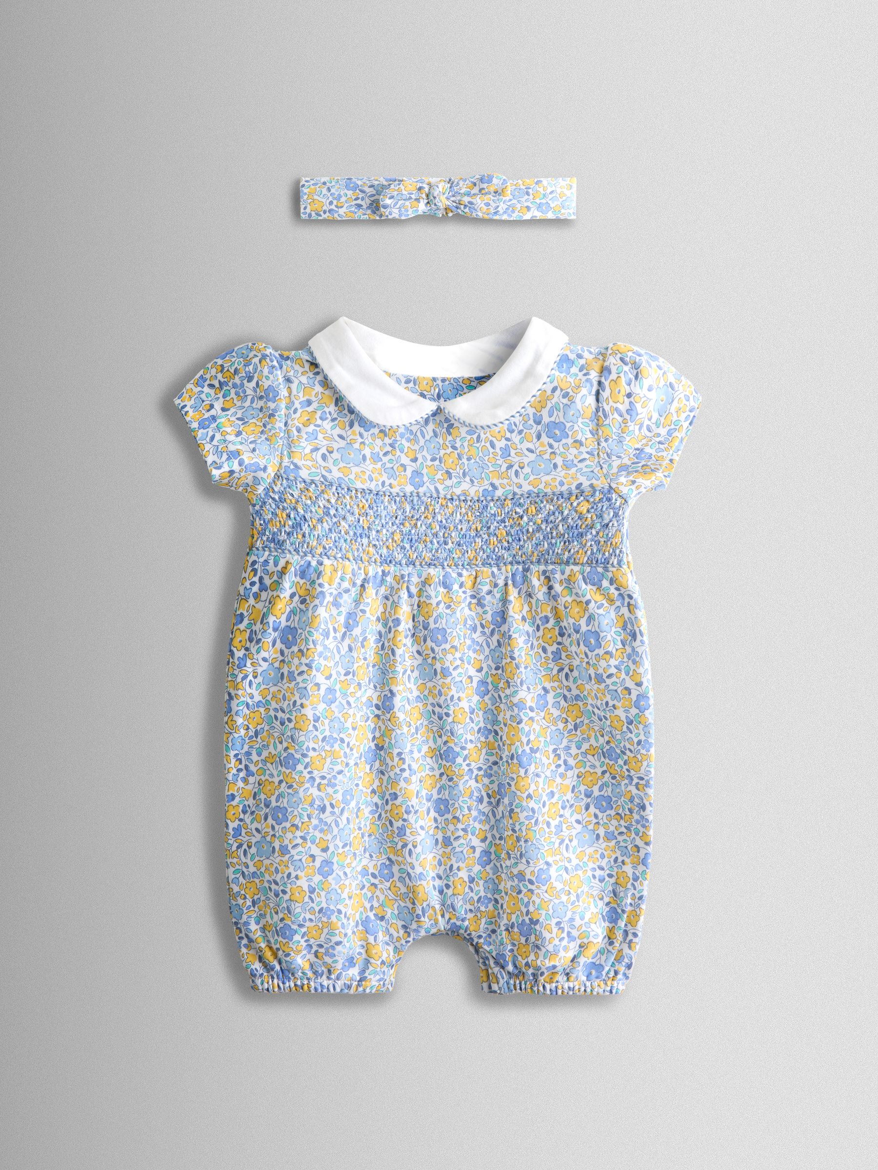 Light Blue Floral Collared Smocked Romper - Image 1 of 6