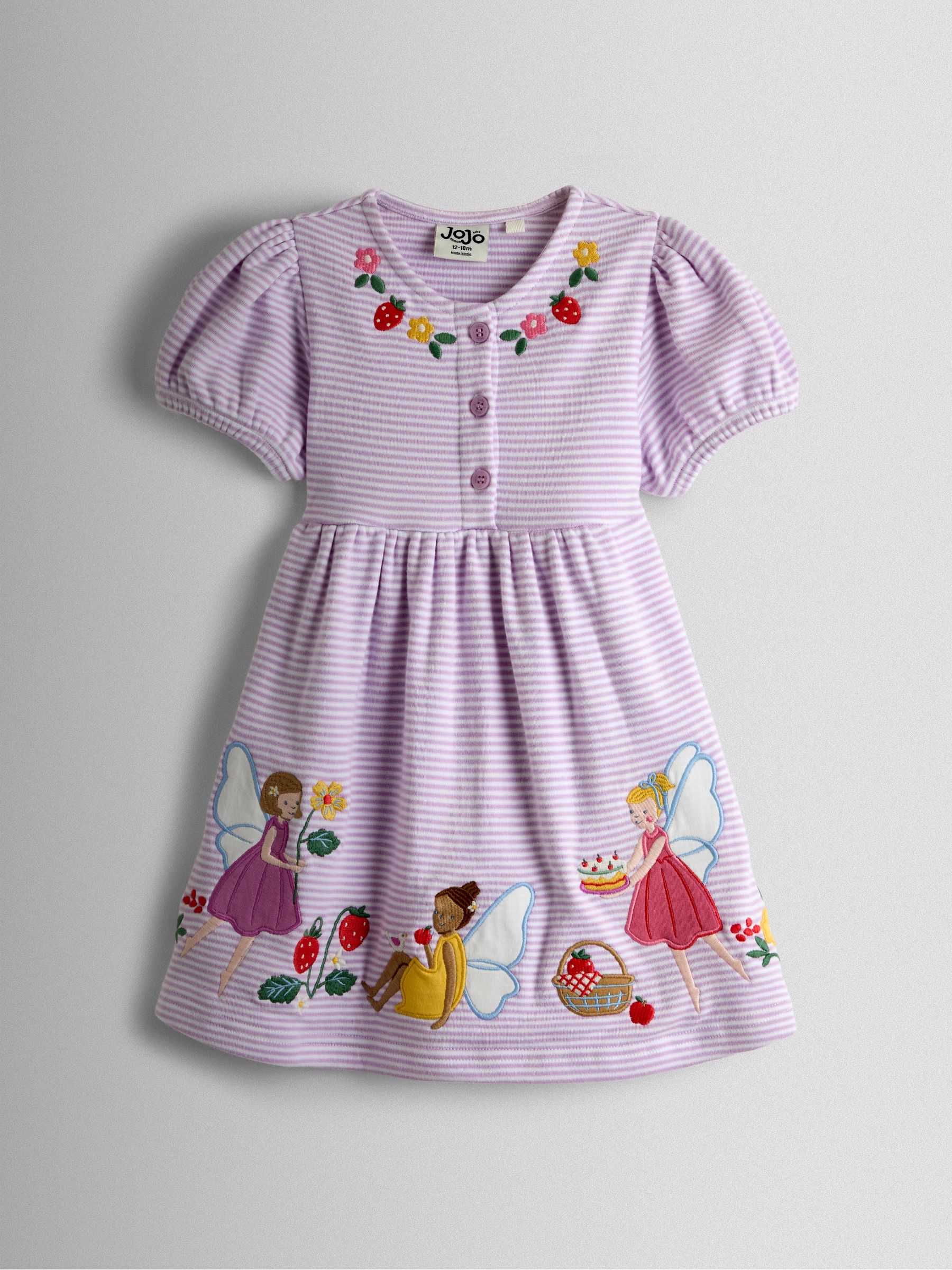 Lilac Purple Fairy Picnic Appliqué Puff Sleeve Button Front Dress - Image 1 of 3