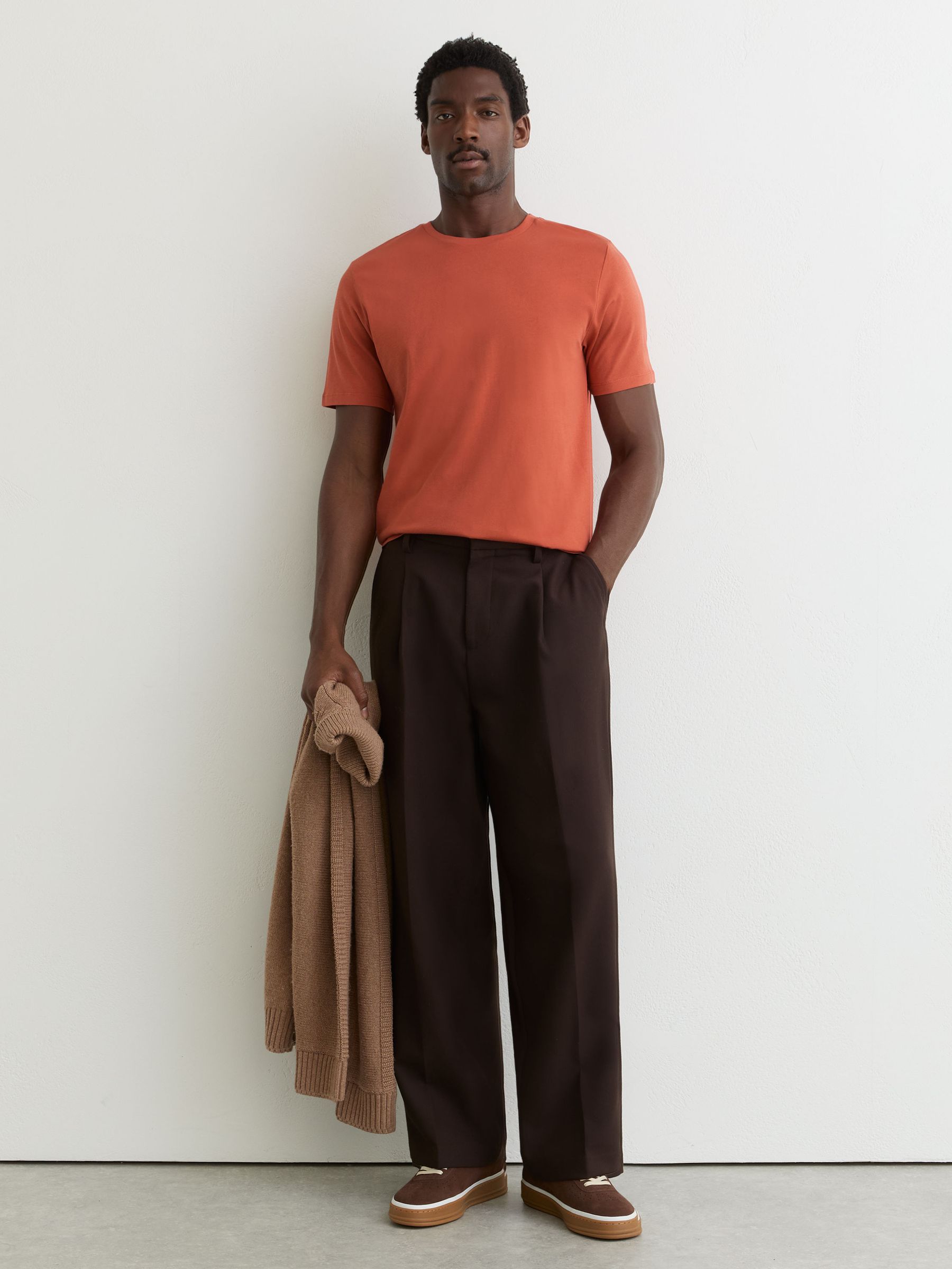 Cotton Crew-Neck Tailored-Fit T-Shirt in Coral - Image 1 of 6