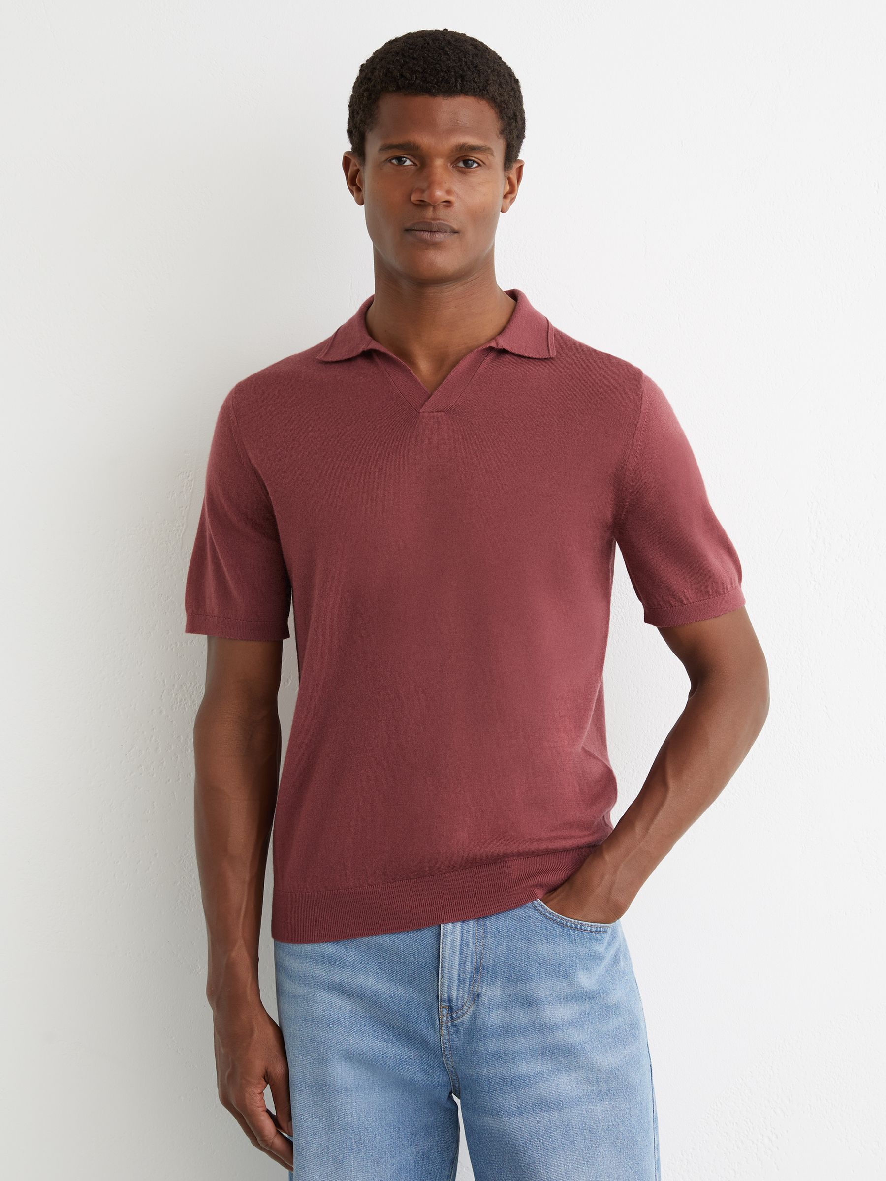 Merino Wool Open-Collar Polo Shirt in Raspberry Pink - Image 1 of 6