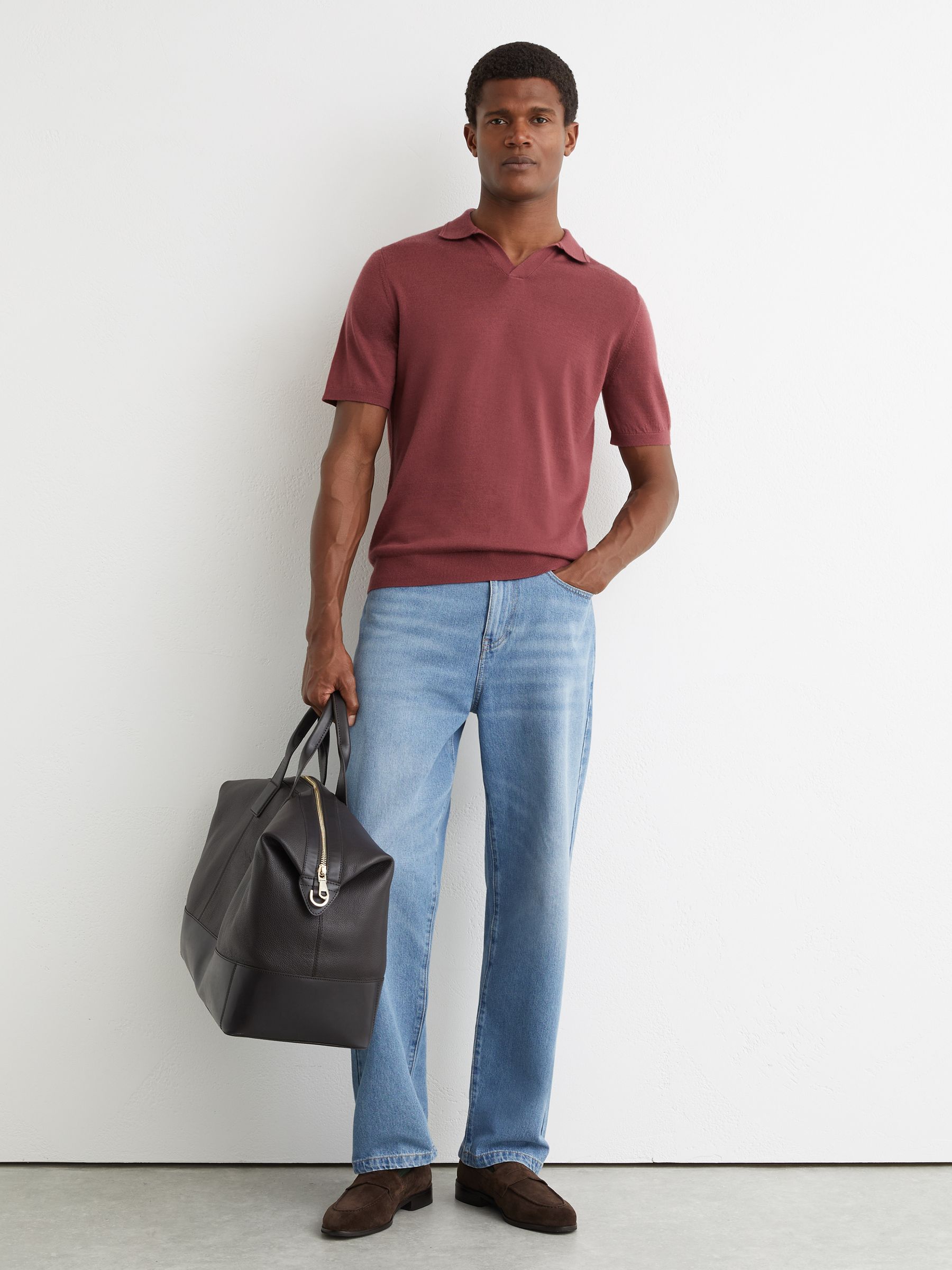 Merino Wool Open-Collar Polo Shirt in Raspberry Pink - Image 3 of 6