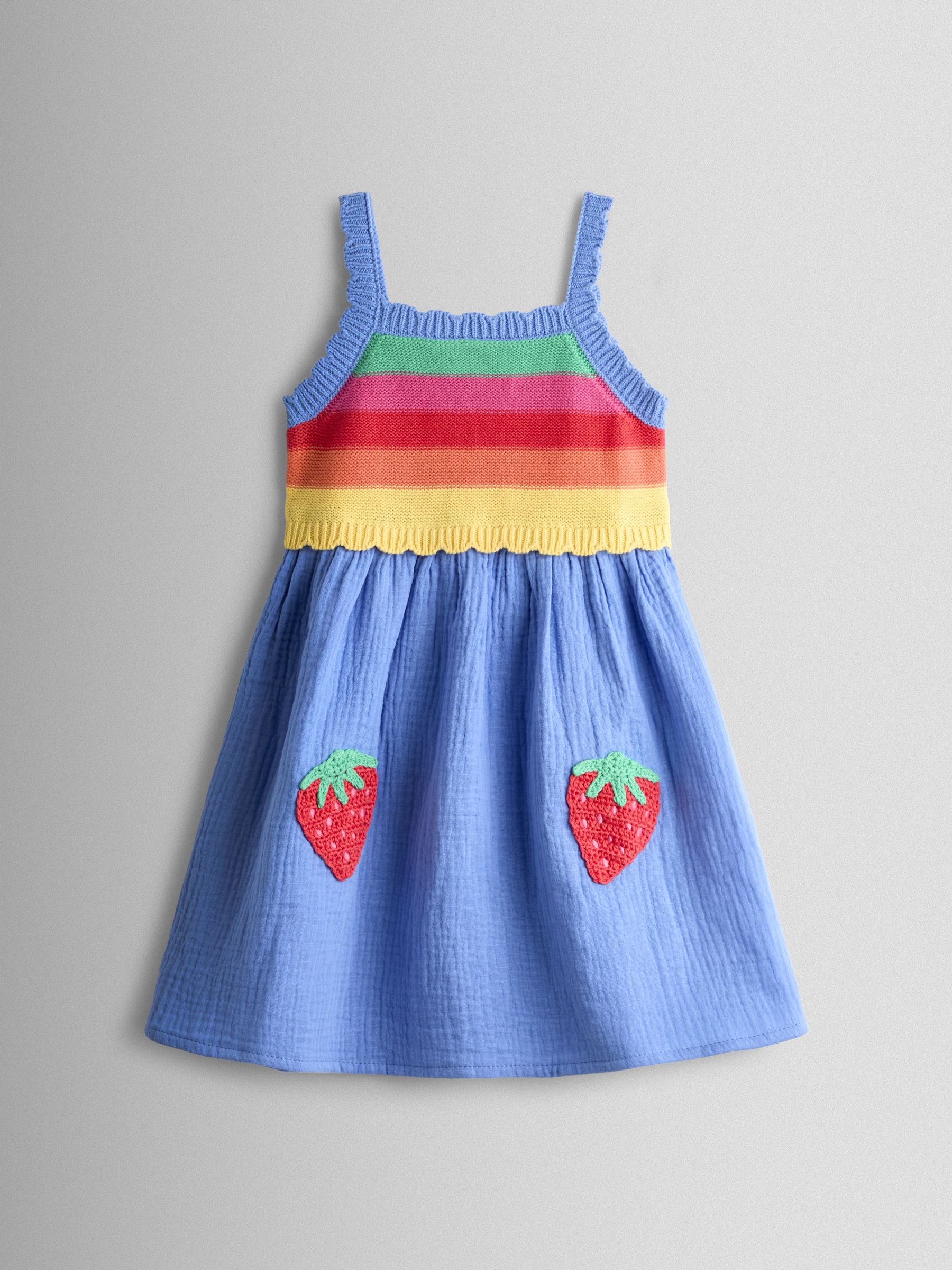 Blue Rainbow Strawberry Appliqué Pocket Knit Cheesecloth Combo Dress - Image 1 of 3 Blue Rainbow Strawberry Appliqué Pocket Knit Cheesecloth Combo Dress - Image 1 of 3