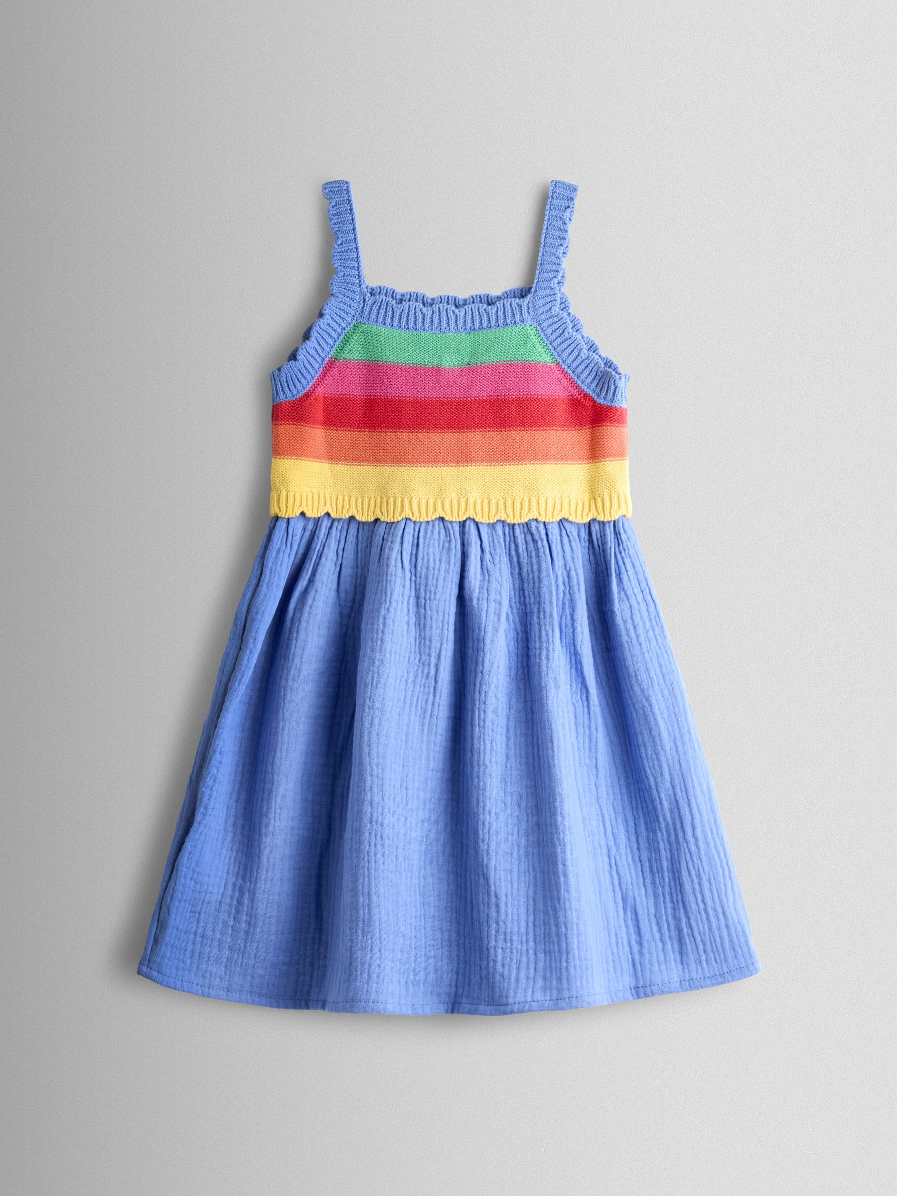 Blue Rainbow Strawberry Appliqué Pocket Knit Cheesecloth Combo Dress - Image 2 of 3 Blue Rainbow Strawberry Appliqué Pocket Knit Cheesecloth Combo Dress - Image 2 of 3