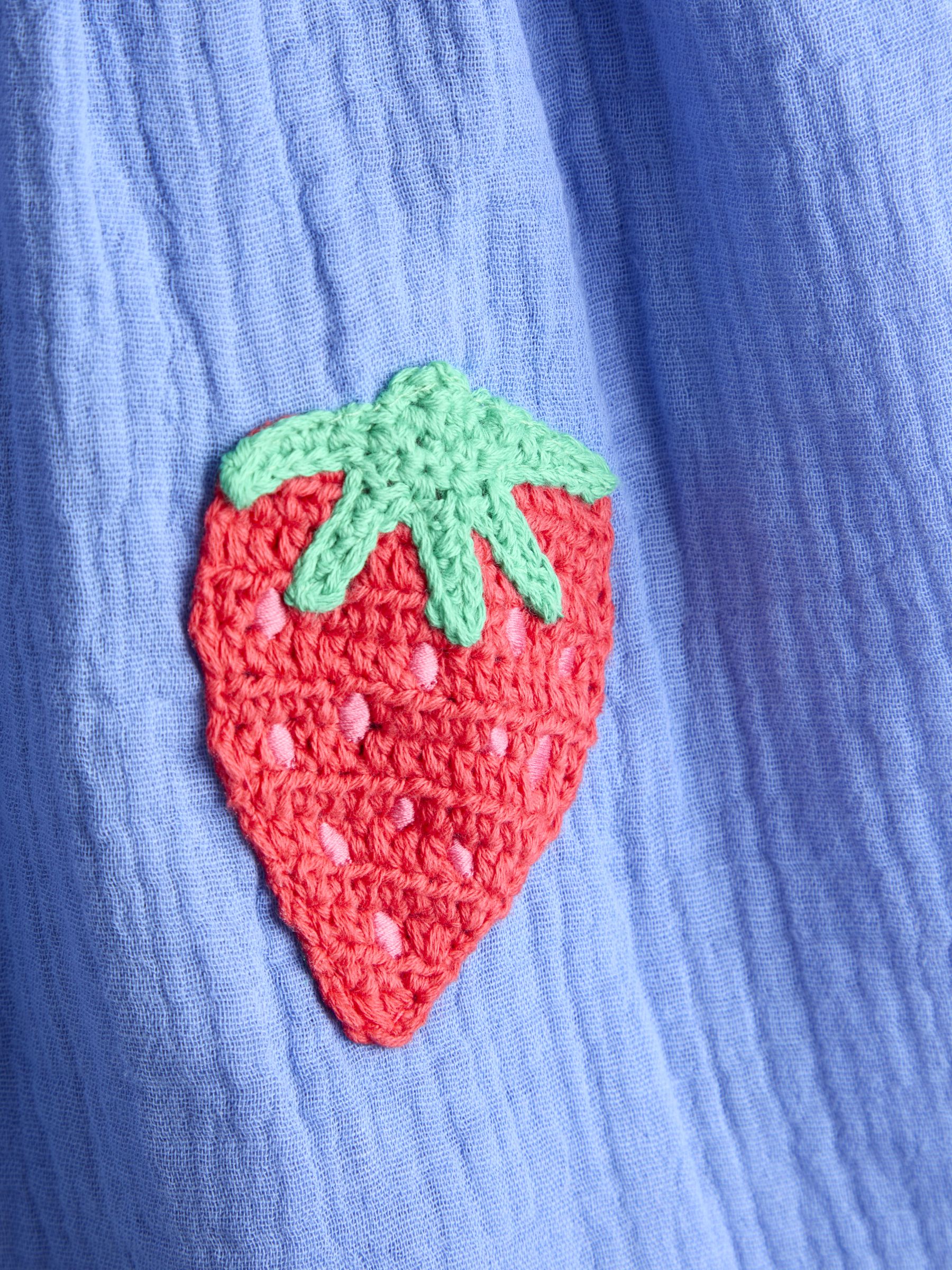 Blue Rainbow Strawberry Appliqué Pocket Knit Cheesecloth Combo Dress - Image 3 of 3
