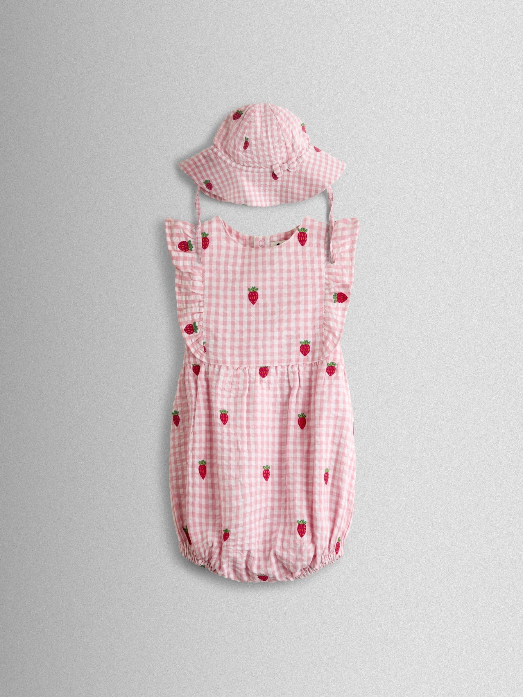Pink Strawberry Embroidered Frill Romper & Hat Set - Image 1 of 7