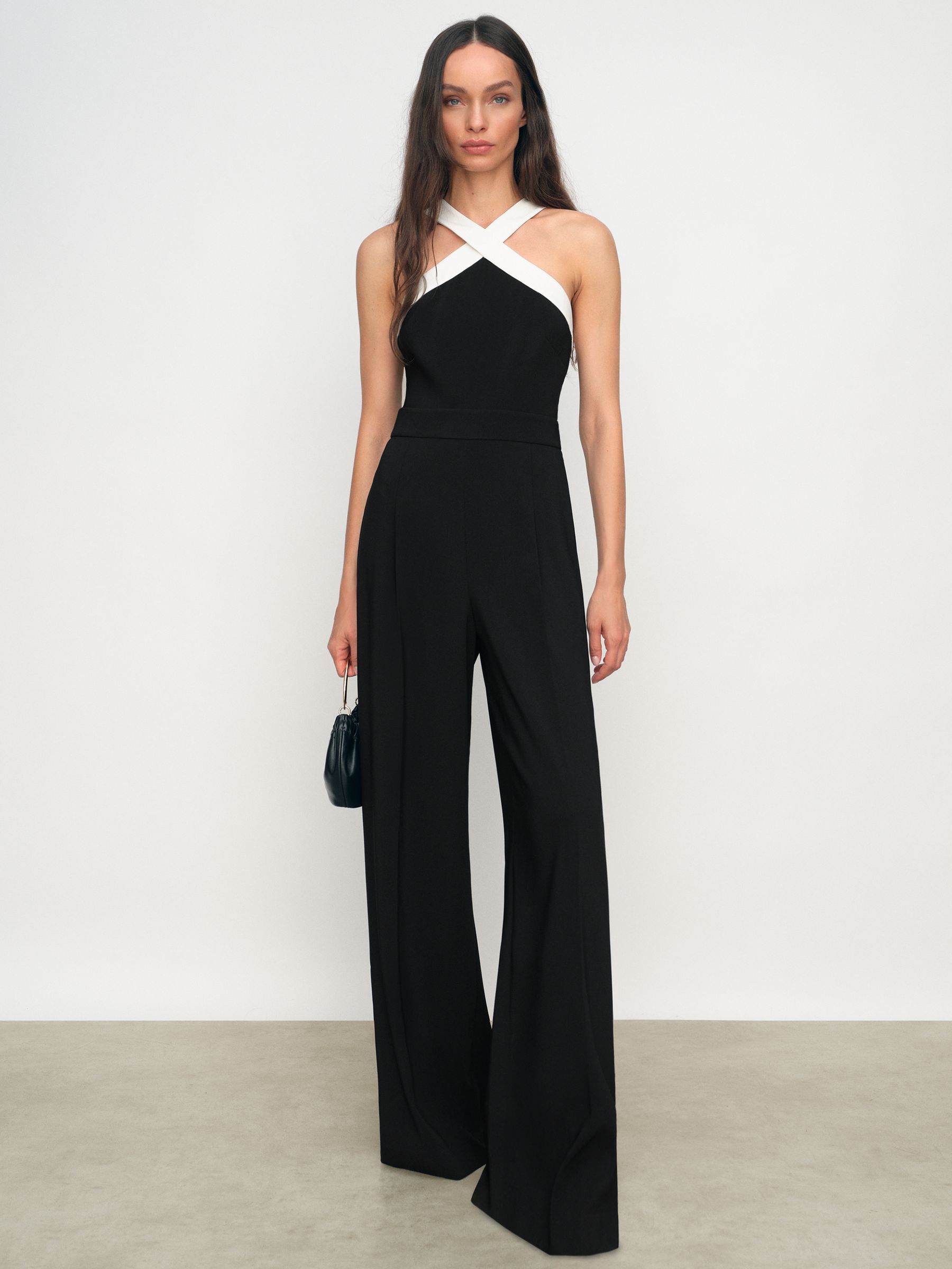 Colour-Block Halter Wide-Leg Jumpsuit in Black/Cream - Image 1 of 6