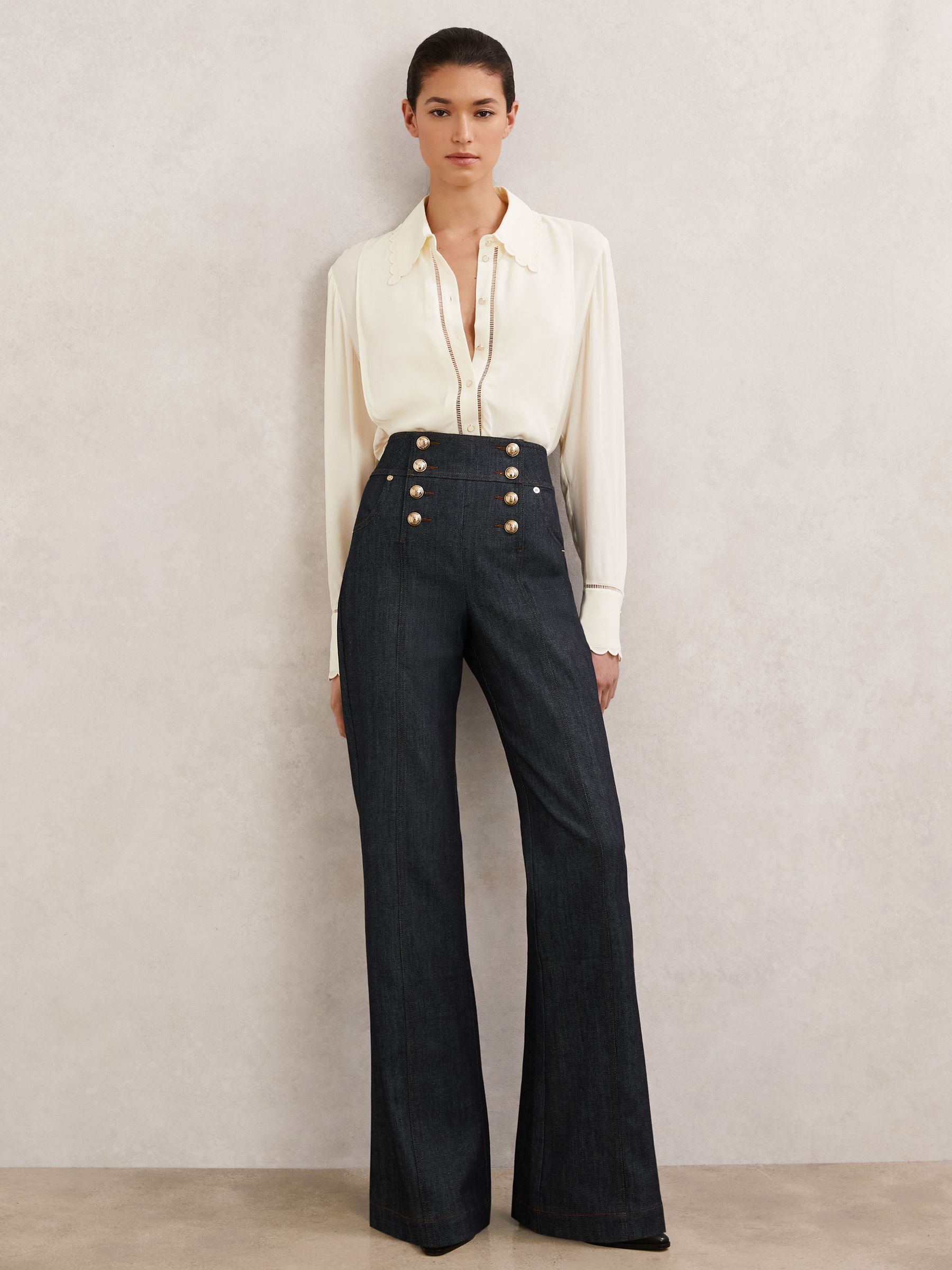 Petite Button-Detail Flared Jeans in Dark Blue - image 2