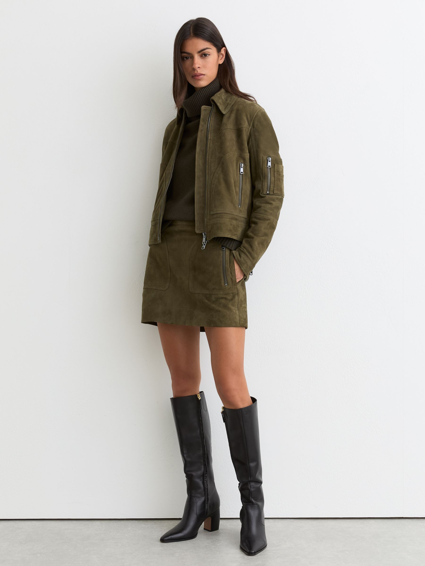 Suede Zip-Pocket Mini Skirt in Khaki Green - image 5
