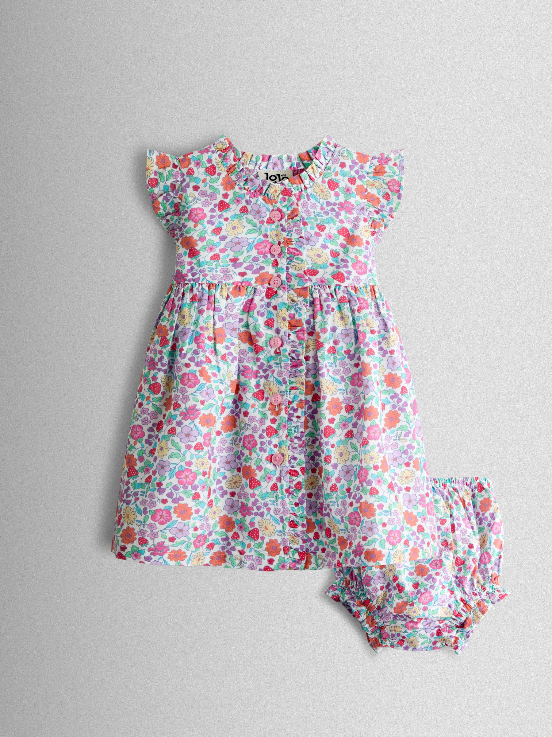 Pink Strawberry Floral Frill Shoulder Button Through Baby Dress - Image 1 of 7