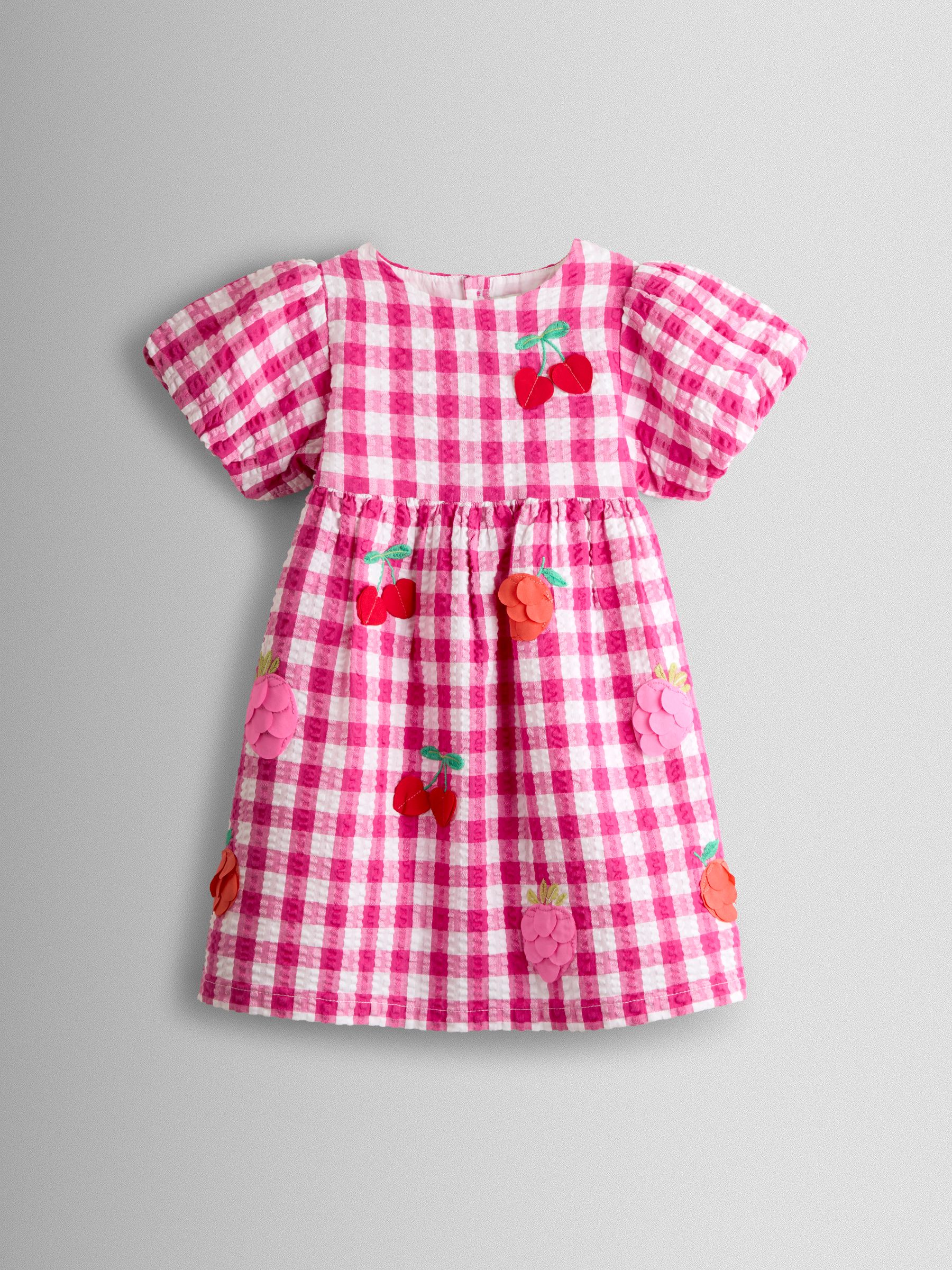 Fuchsia Pink Gingham Fruit Appliqué Puff Sleeve Dress - Image 1 of 4
