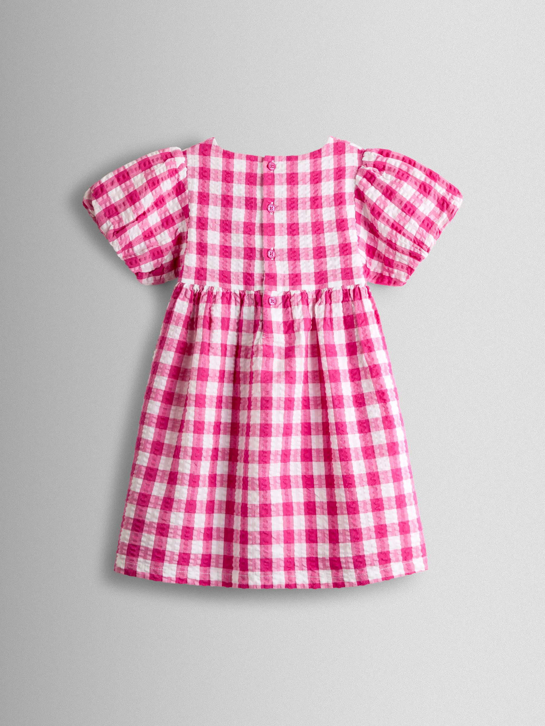 Fuchsia Pink Gingham Fruit Appliqué Puff Sleeve Dress - Image 2 of 4