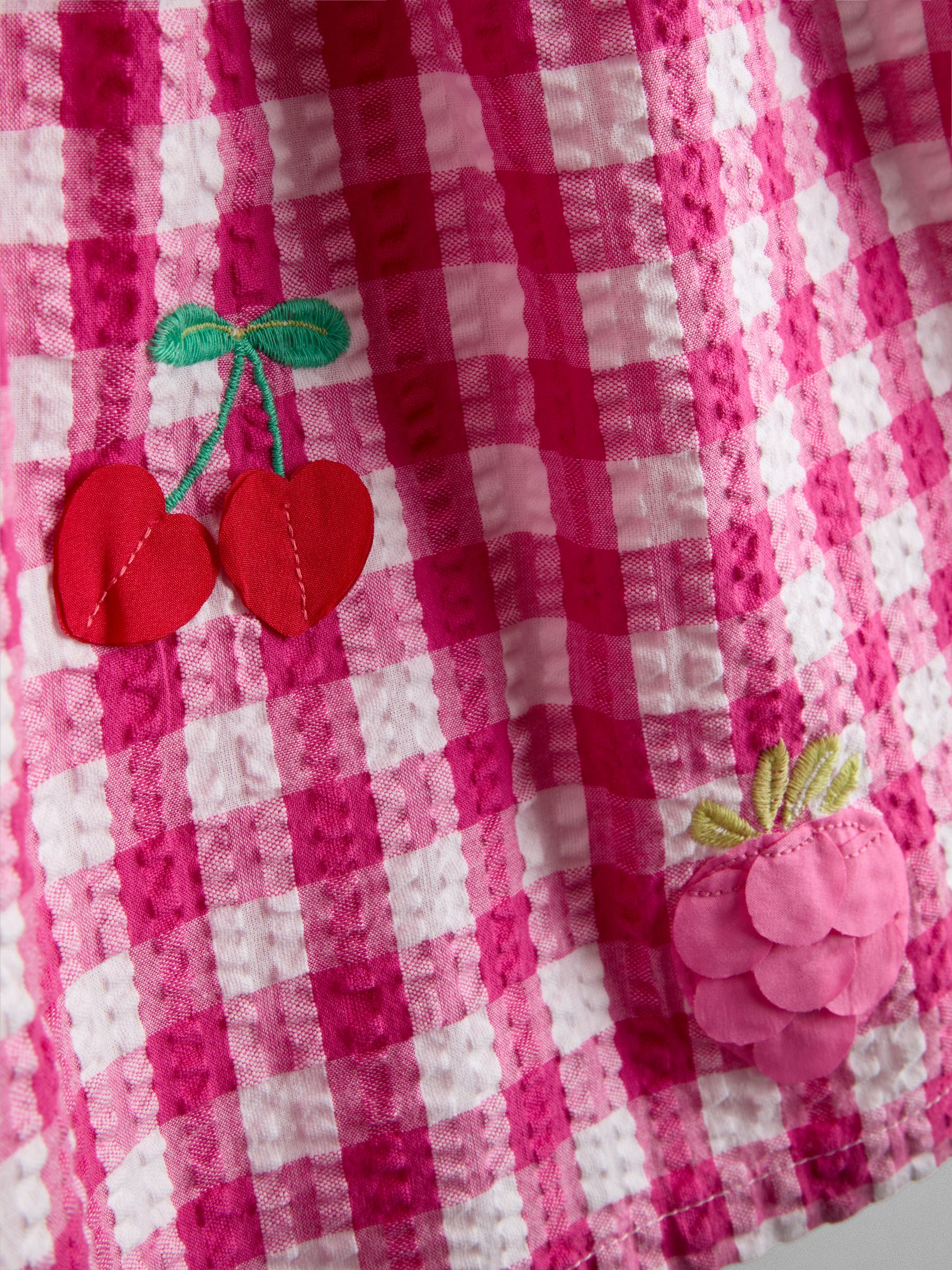 Fuchsia Pink Gingham Fruit Appliqué Puff Sleeve Dress - Image 3 of 4