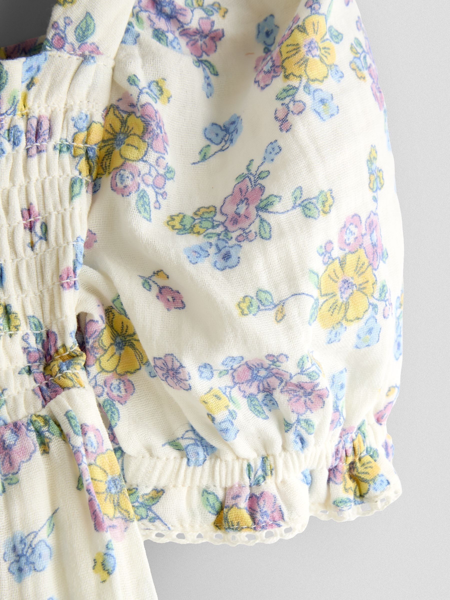 Natural Floral Cheesecloth Smocked Bodice Dress - Image 4 of 4