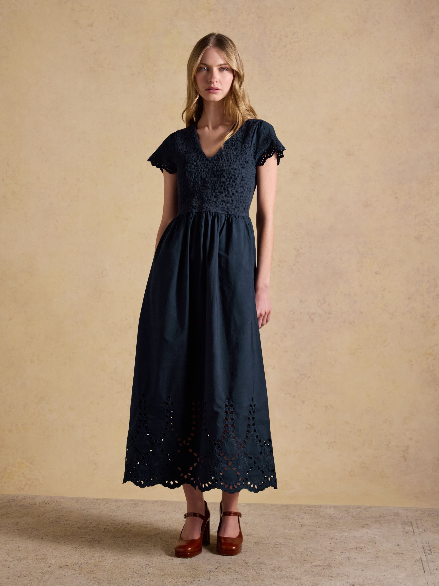 Ivy Navy Shirred Jersey Woven Midi Dress With Broderie Sleeve Detail - Image 1 of 8 Ivy Navy Shirred Jersey Woven Midi Dress With Broderie Sleeve Detail - Image 1 of 8