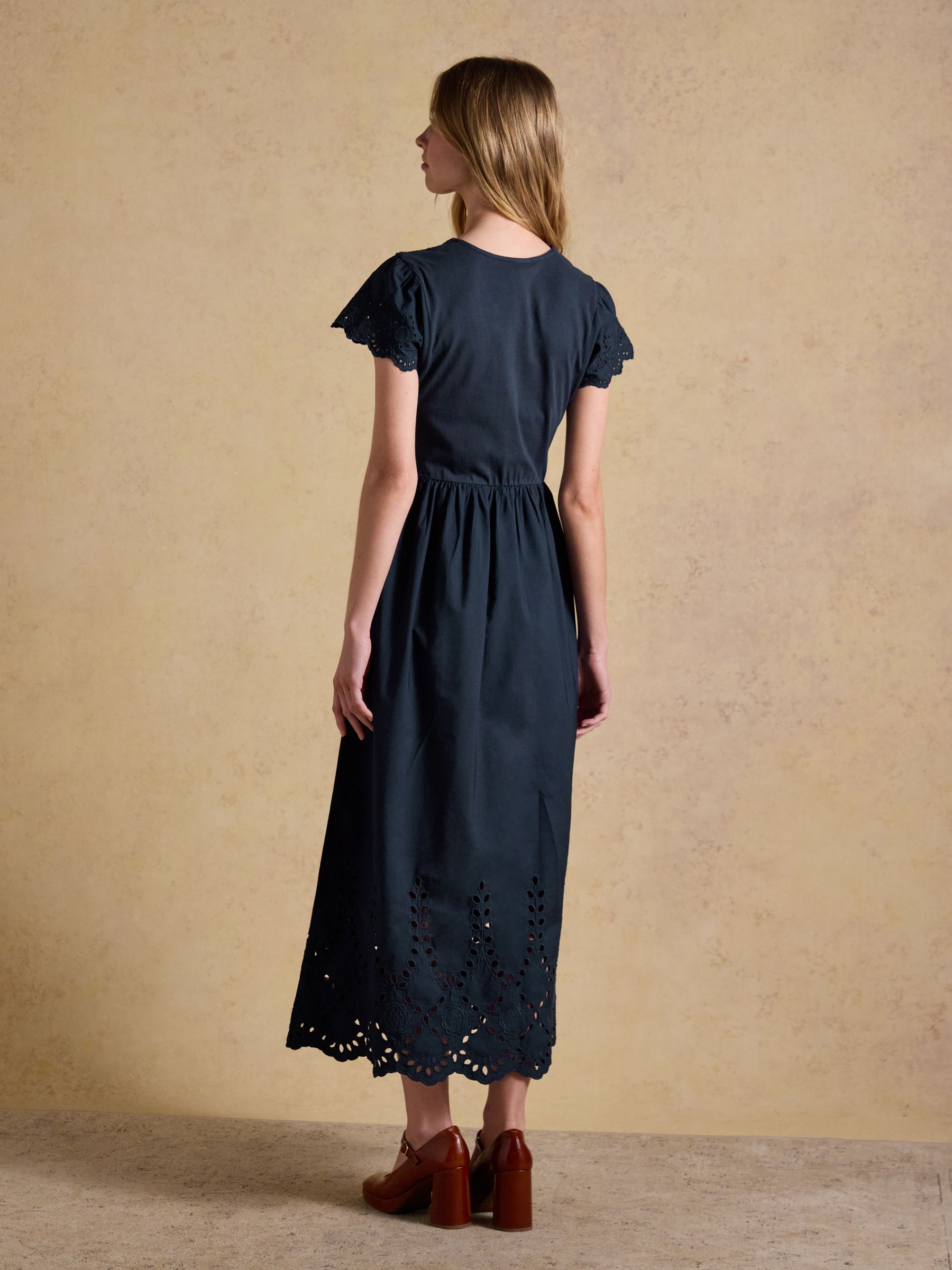 Ivy Navy Shirred Jersey Woven Midi Dress With Broderie Sleeve Detail - Image 2 of 8 Ivy Navy Shirred Jersey Woven Midi Dress With Broderie Sleeve Detail - Image 2 of 8