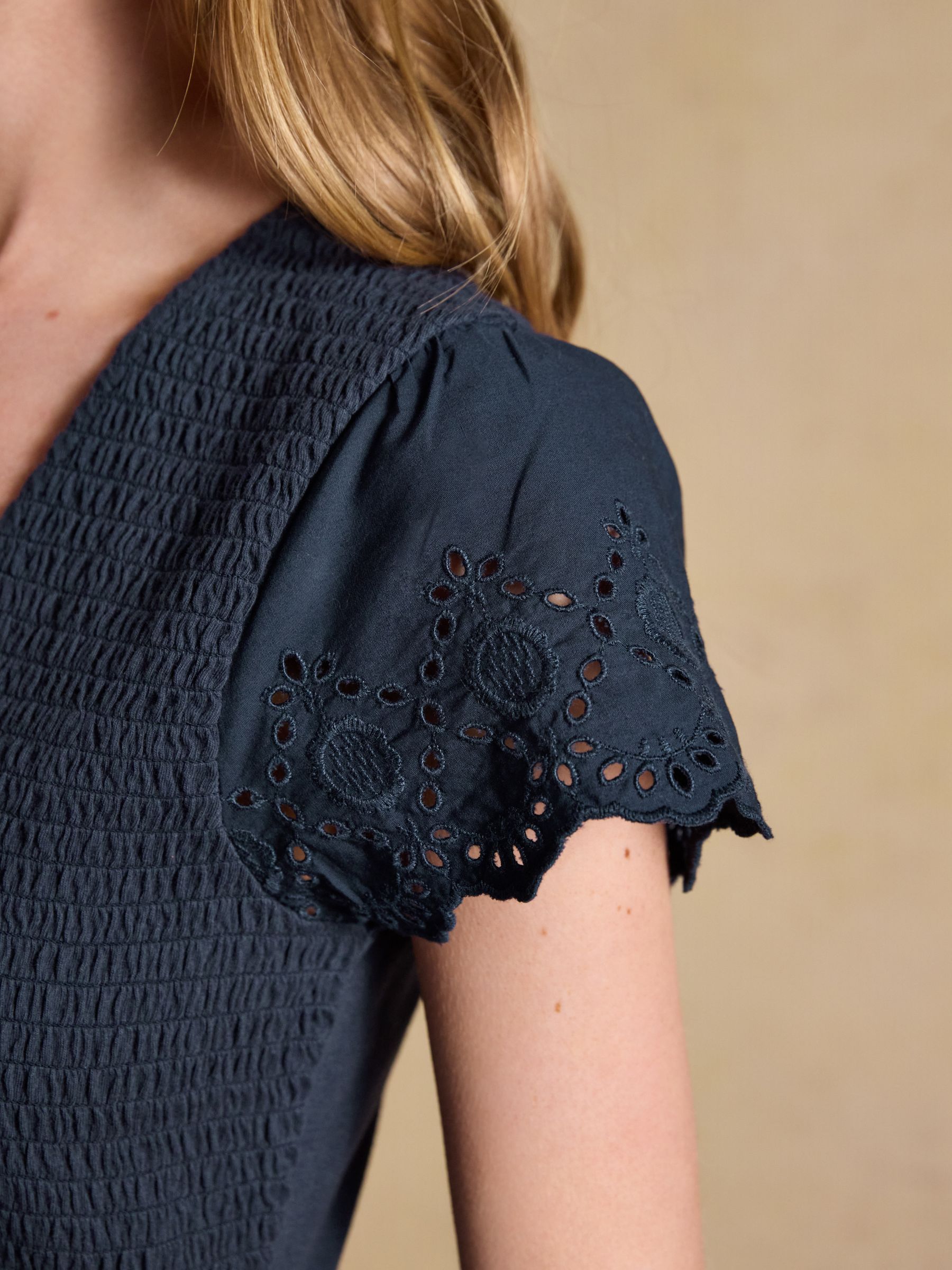 Ivy Navy Shirred Jersey Woven Midi Dress With Broderie Sleeve Detail - Image 4 of 8