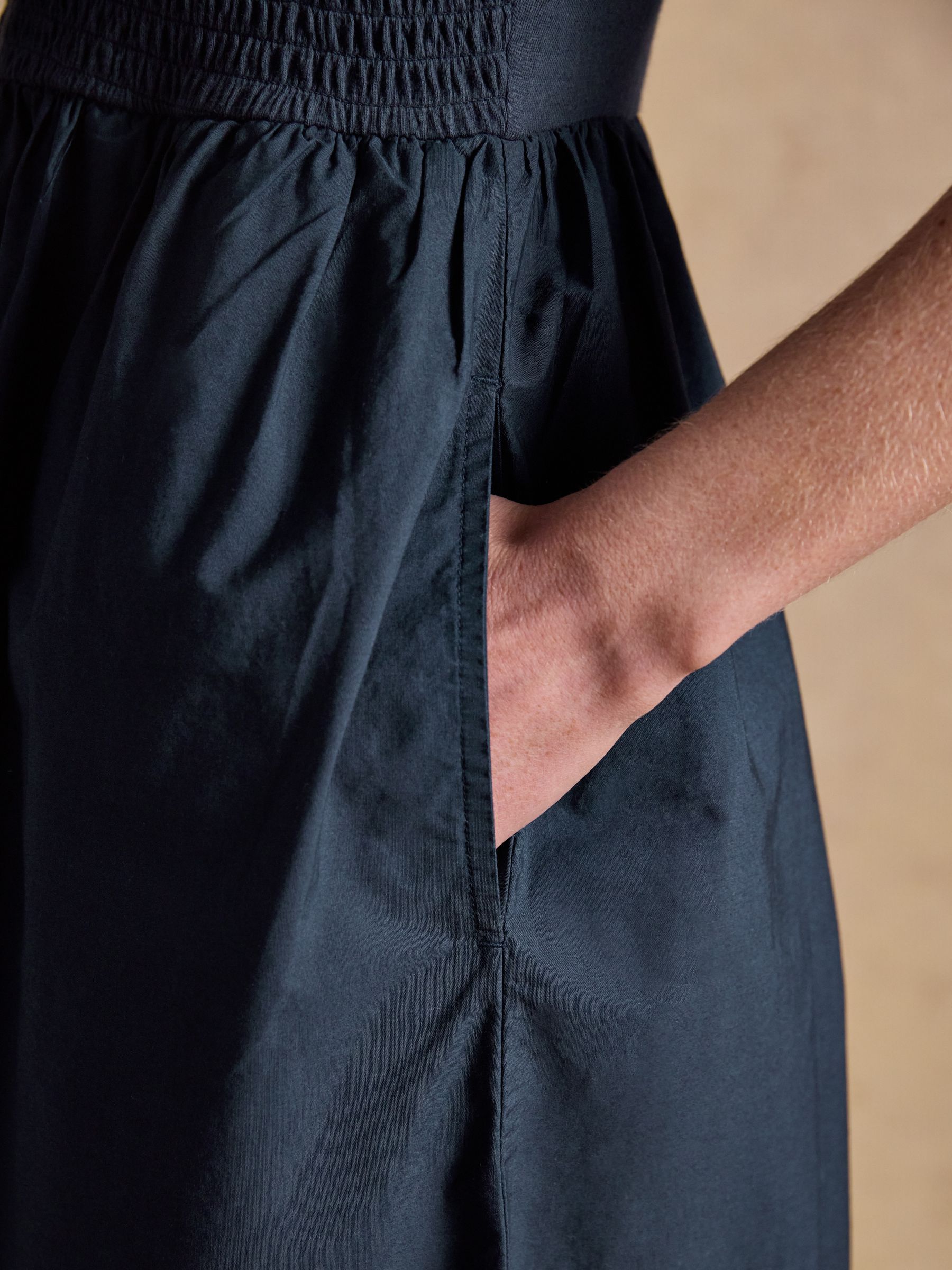 Ivy Navy Shirred Jersey Woven Midi Dress With Broderie Sleeve Detail - Image 6 of 8