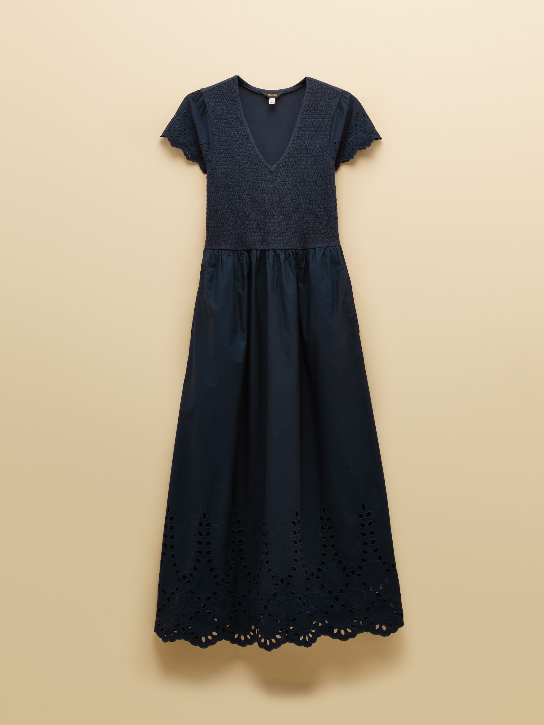 Ivy Navy Shirred Jersey Woven Midi Dress With Broderie Sleeve Detail - Image 8 of 8